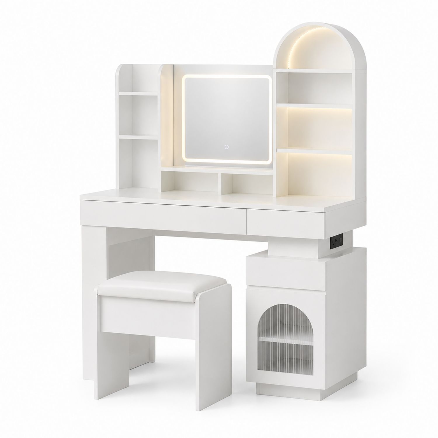 Tavolo da toeletta in MDF con specchio LED e sgabello imbottito Bianco