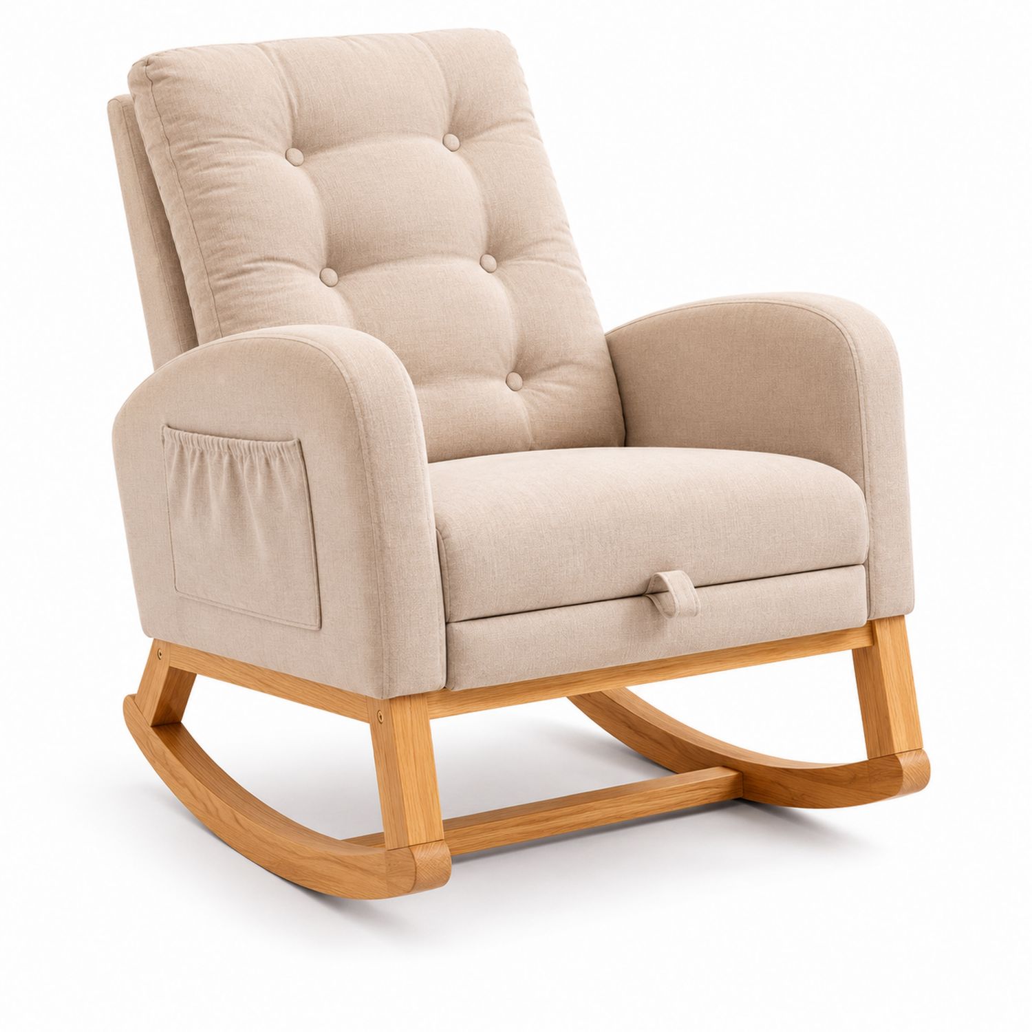 Poltrona a Dondolo in Tessuto Beige con Struttura in Rovere