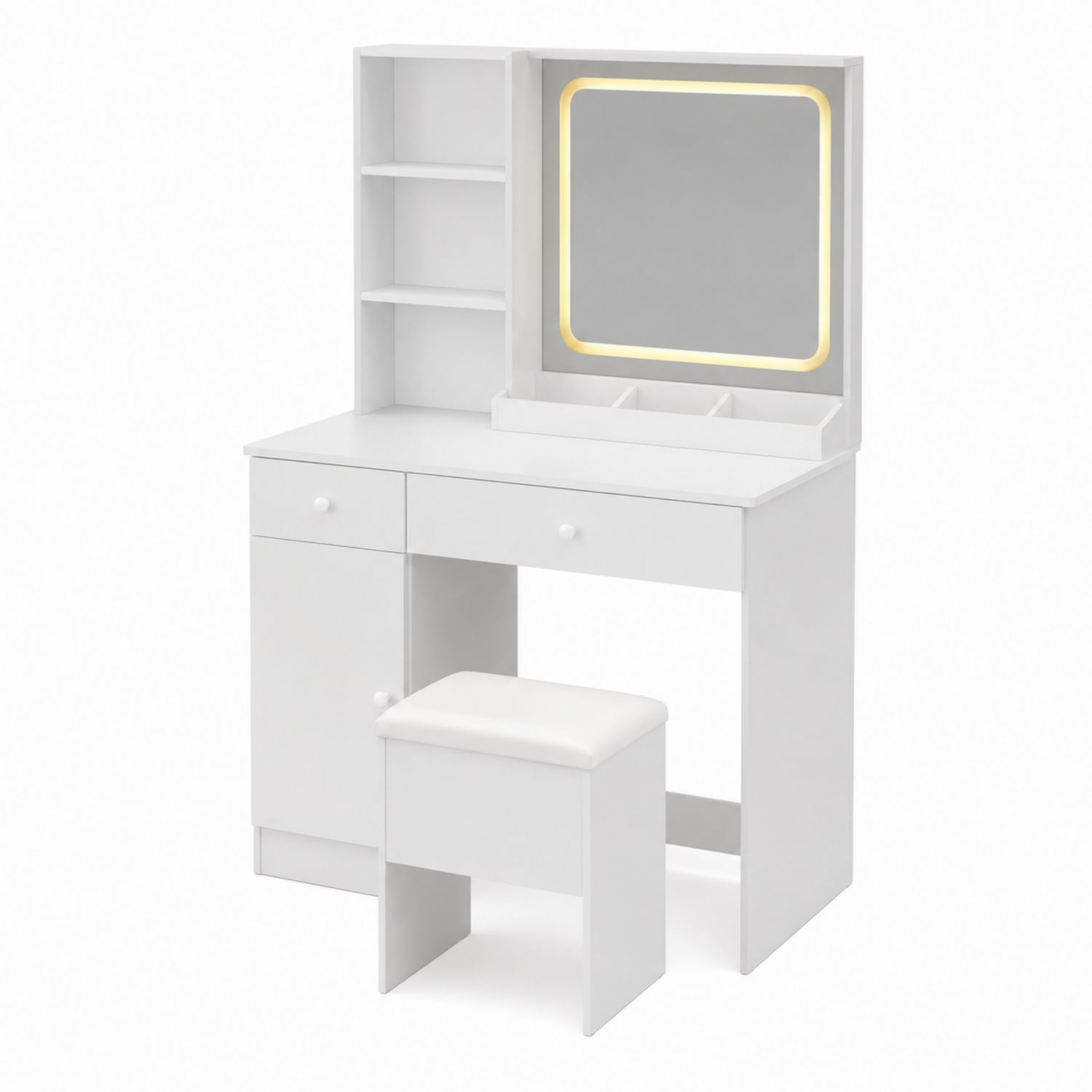 Toeletta con Specchio LED e Sgabello in Legno Bianco