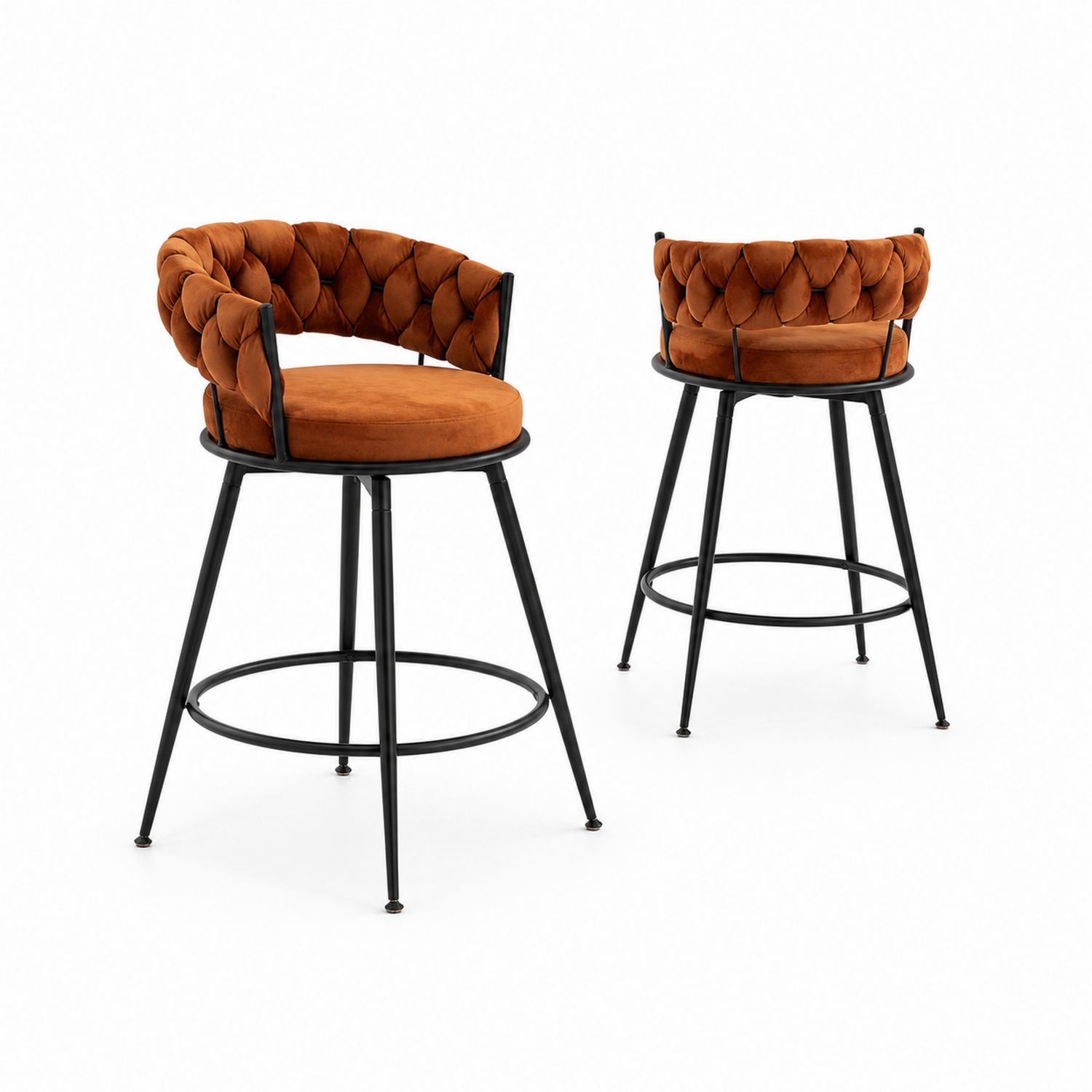 Sgabelli da Bar in Velluto Arancione con Struttura in Metallo Nero, Set di 2