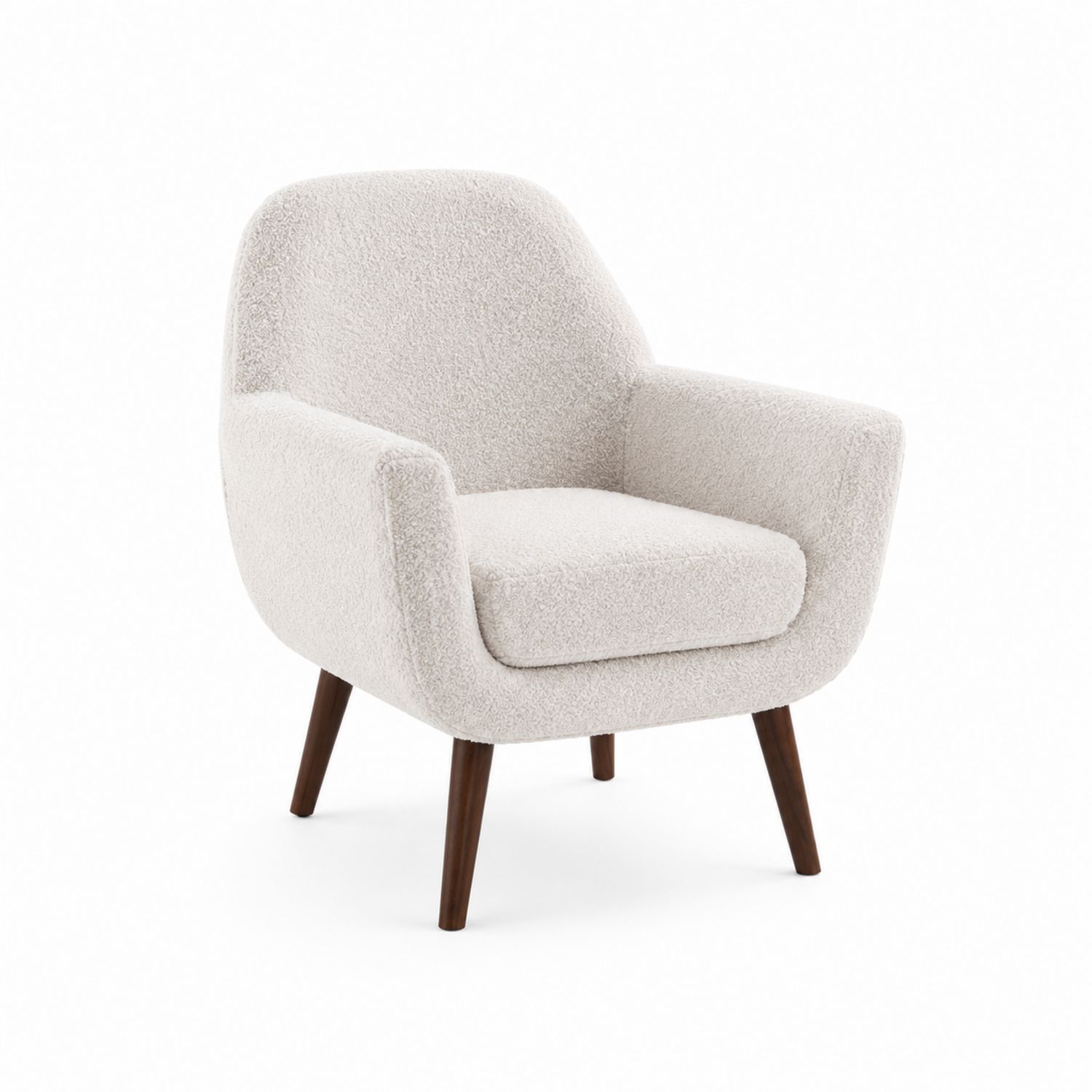 Poltrona in Tessuto Bouclé Bianco con Gambe in Legno