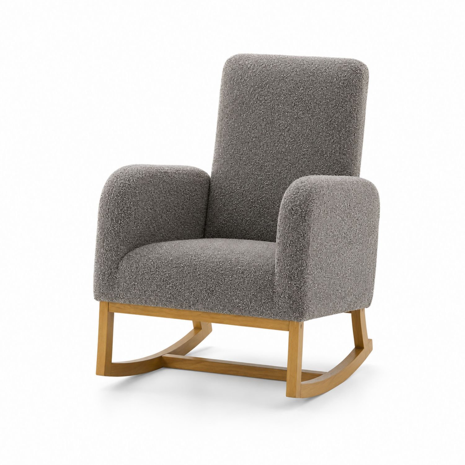 Sedia a dondolo in tessuto Bouclé grigio con struttura in legno
