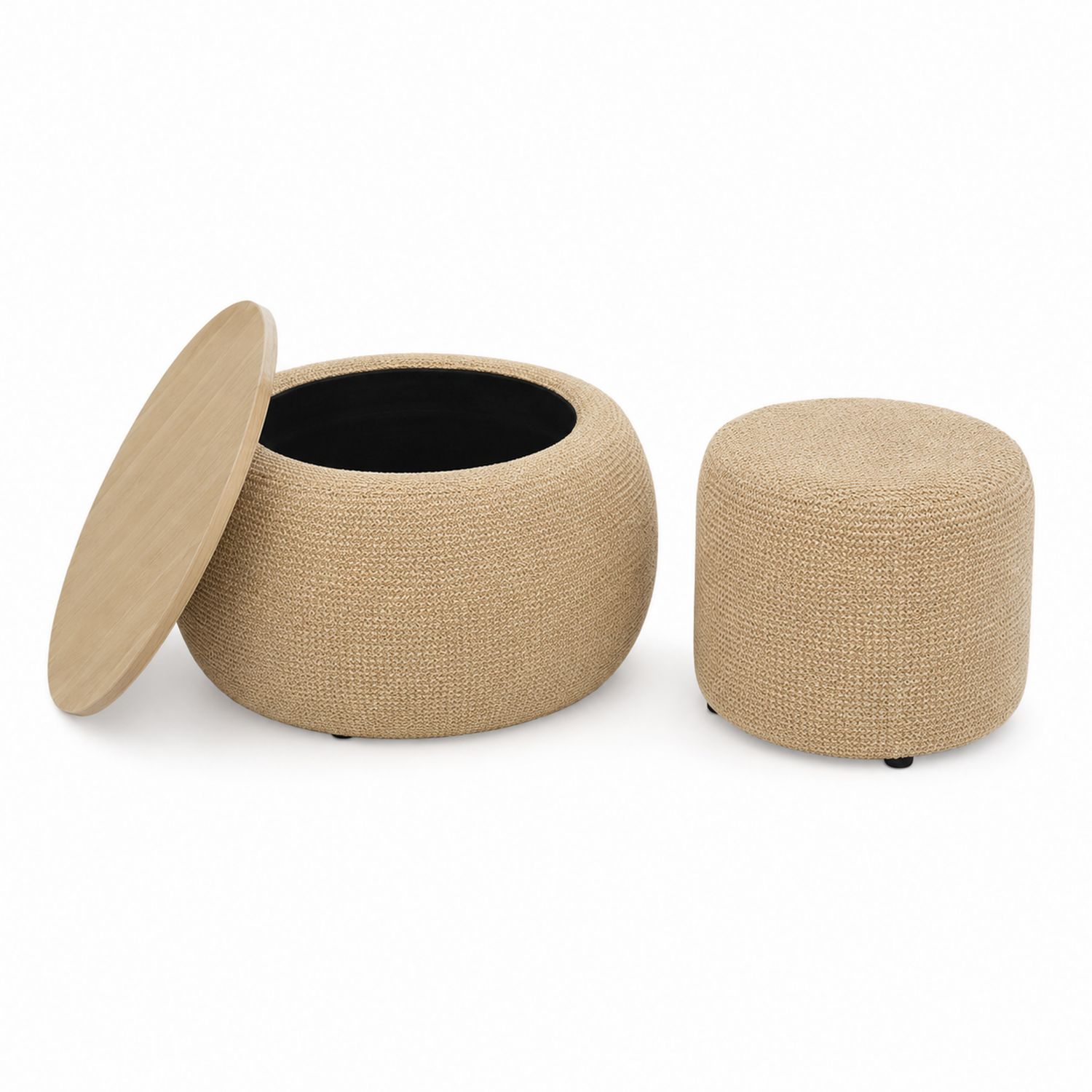 Set di Pouf Rotondi Contenitori in Juta e Legno Beige
