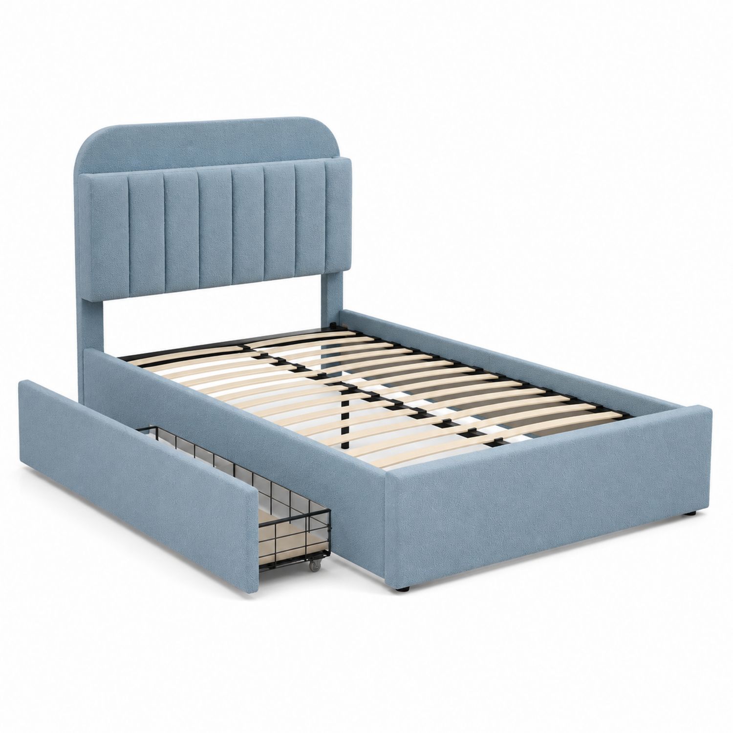 Letto matrimoniale in tessuto con contenitore Blu