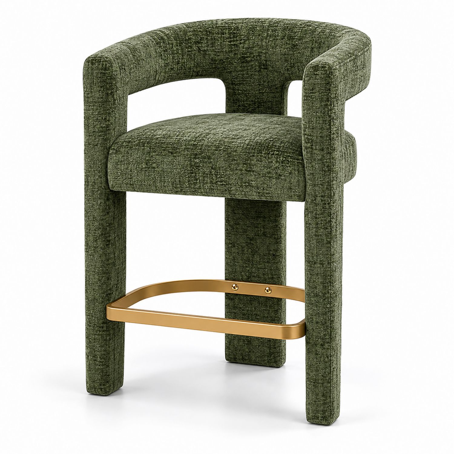 Sgabello in tessuto verde con struttura in metallo