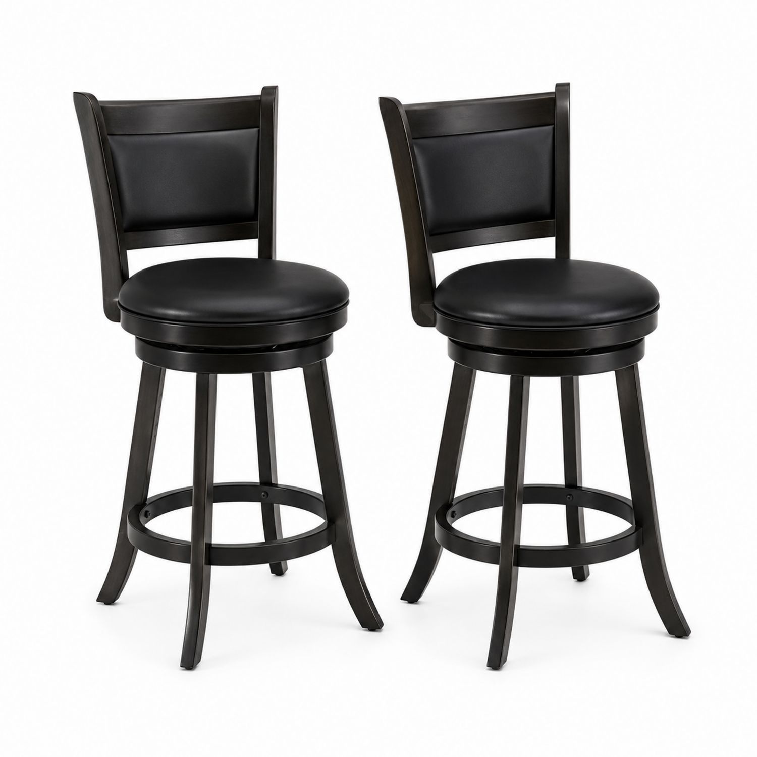 Set di Sgabelli da Bar in Legno e Pelle Sintetica Nera
