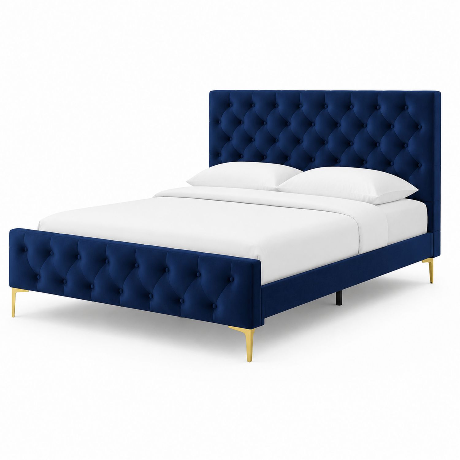 Letto matrimoniale in velluto blu con gambe in metallo