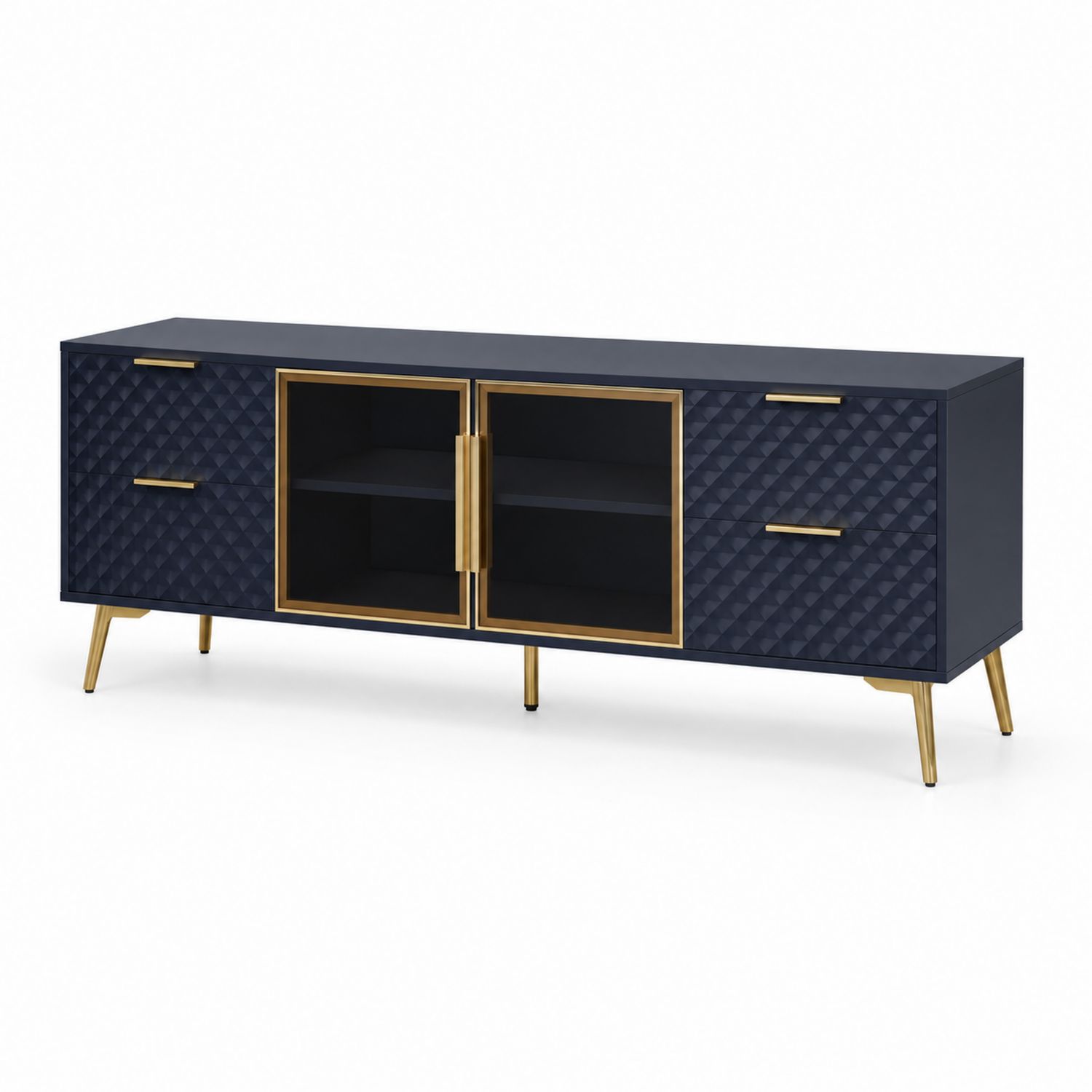 Mobile TV con ante in vetro temperato e cassetti in legno Blu e Oro 150x40x60 cm