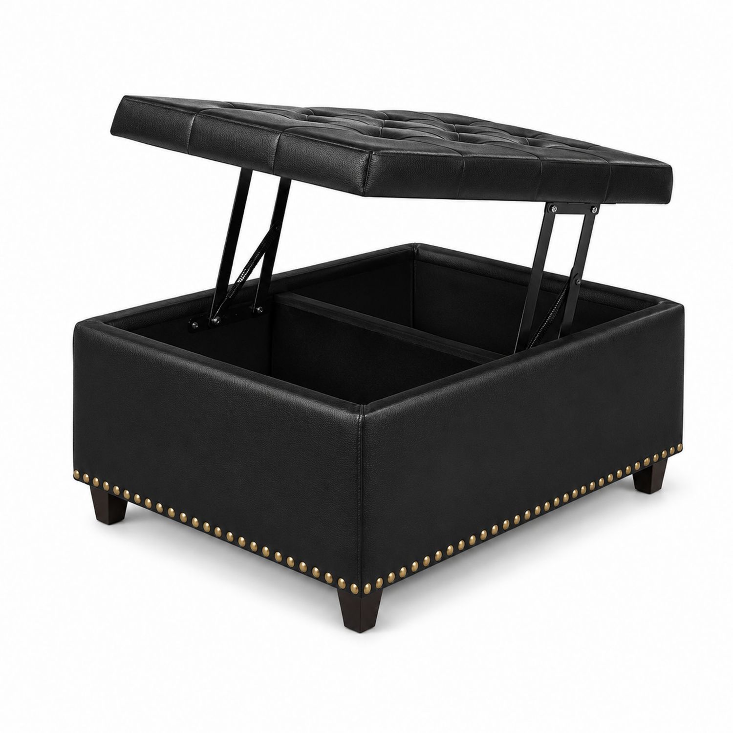 Pouf contenitore in pelle sintetica con coperchio trapuntato nero