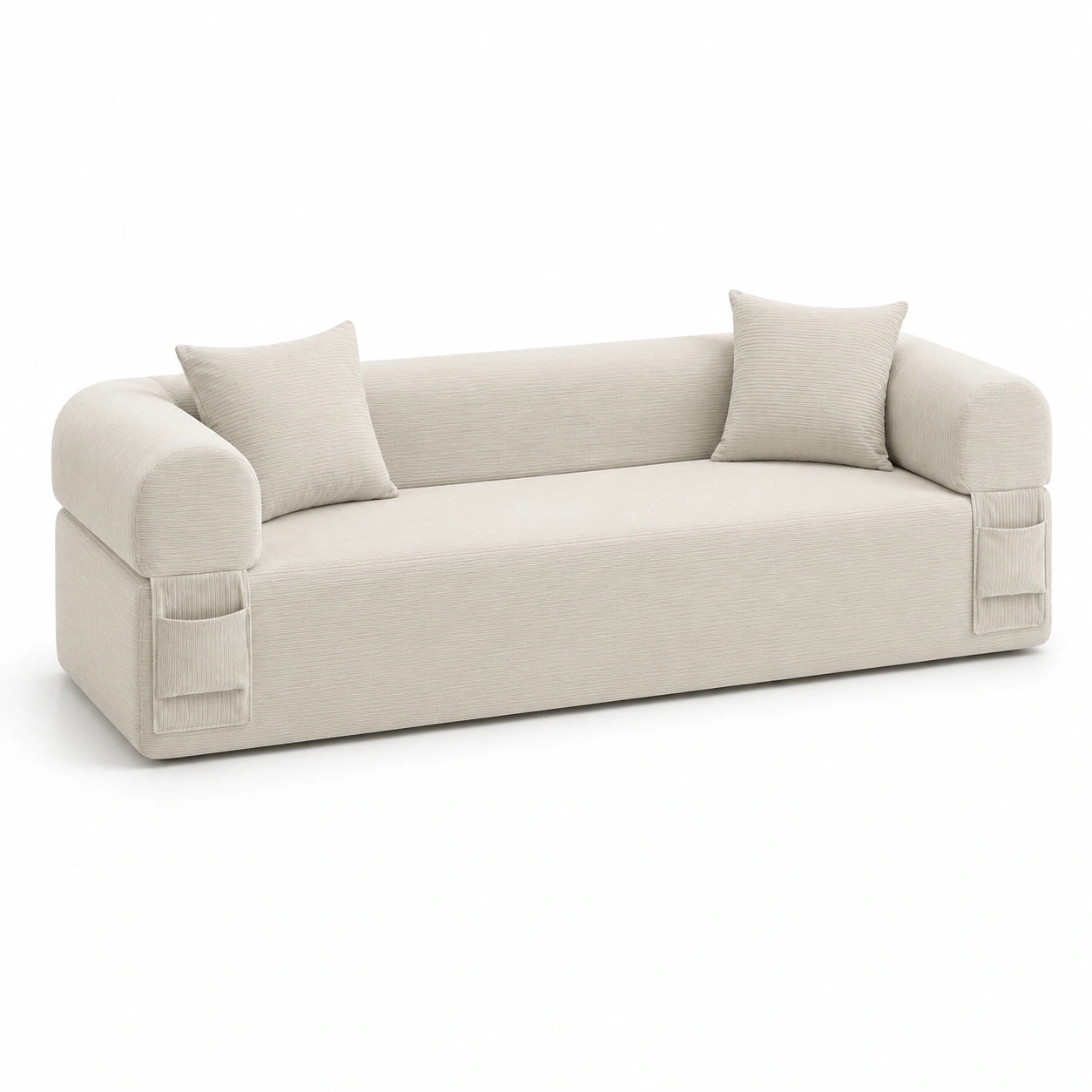 Sofa de tres plazas de pana color marfil con bolsillo lateral-furnityx