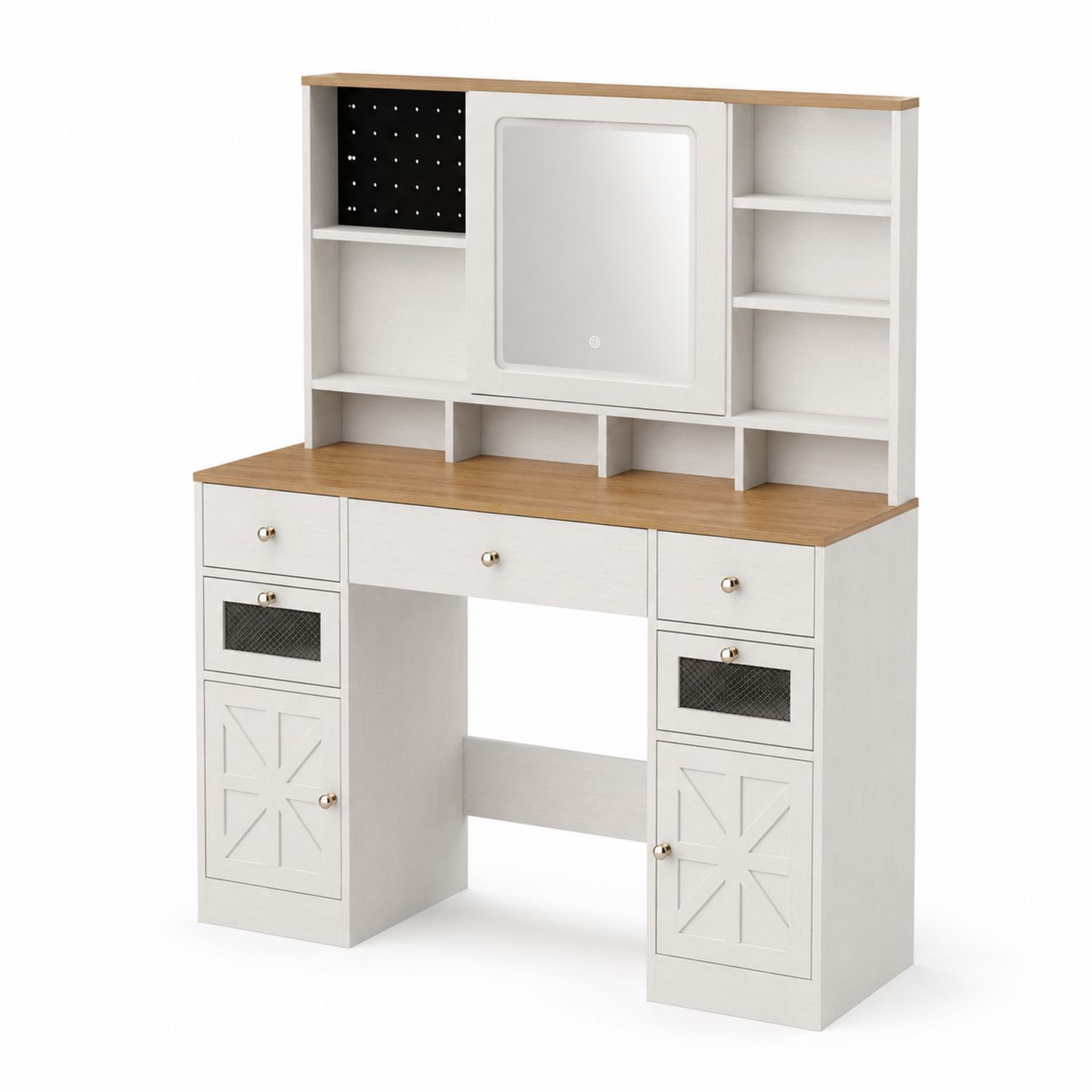 Tavolo da trucco in legno MDF bianco e quercia con specchio e ripiani 120x45x135 cm-Valexoriano