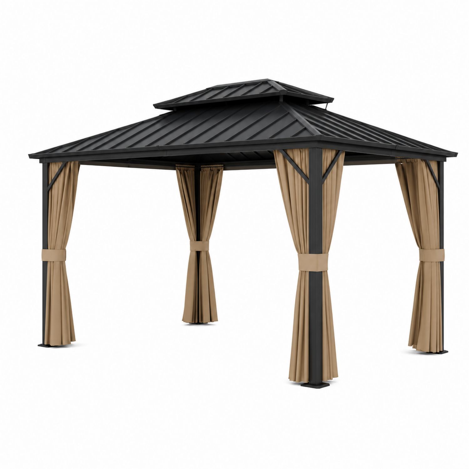 Gazebo in metallo con tetto a due livelli e tende in poliestere-Valexoriano