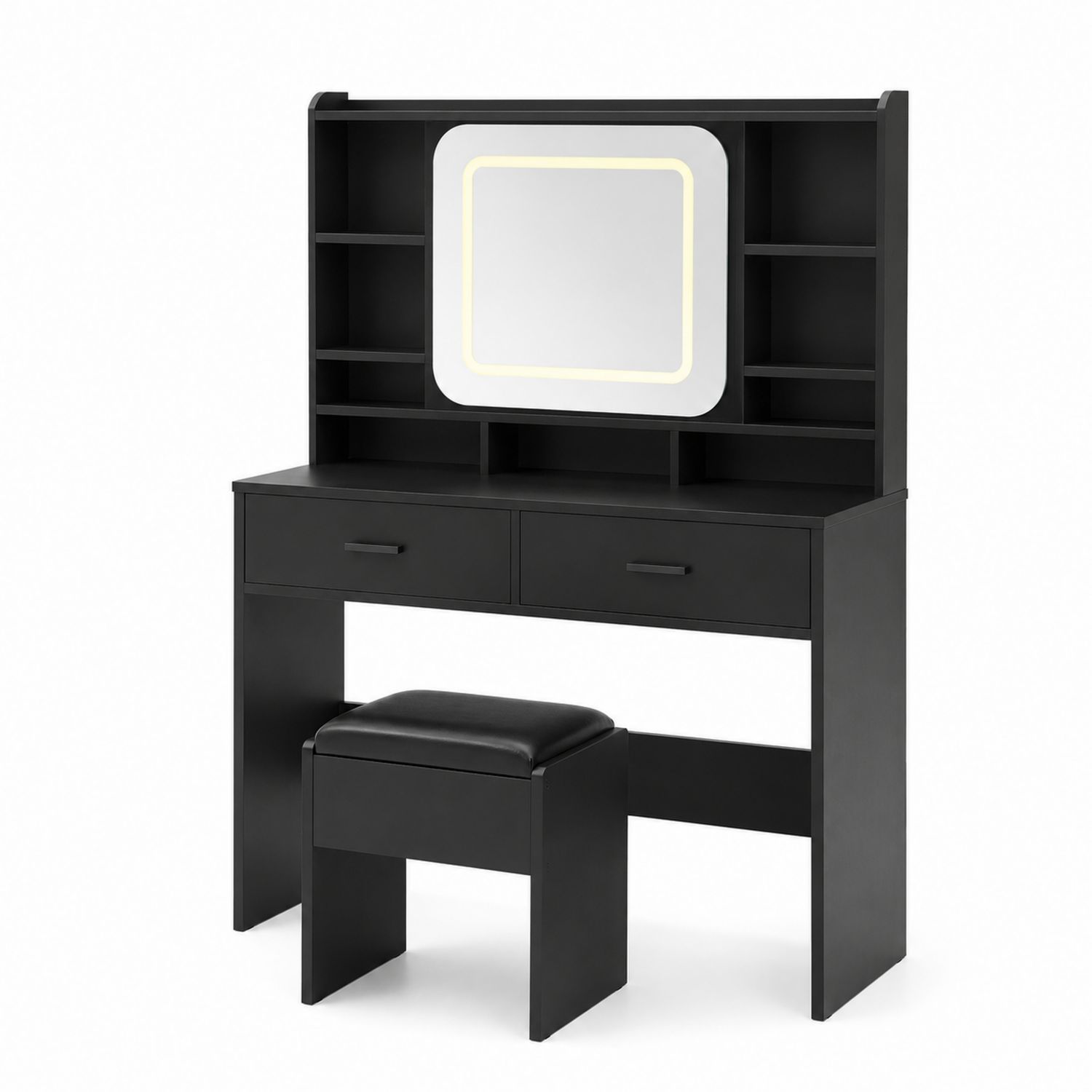 Toeletta in legno nero con specchio illuminato e sgabello-Valexoriano