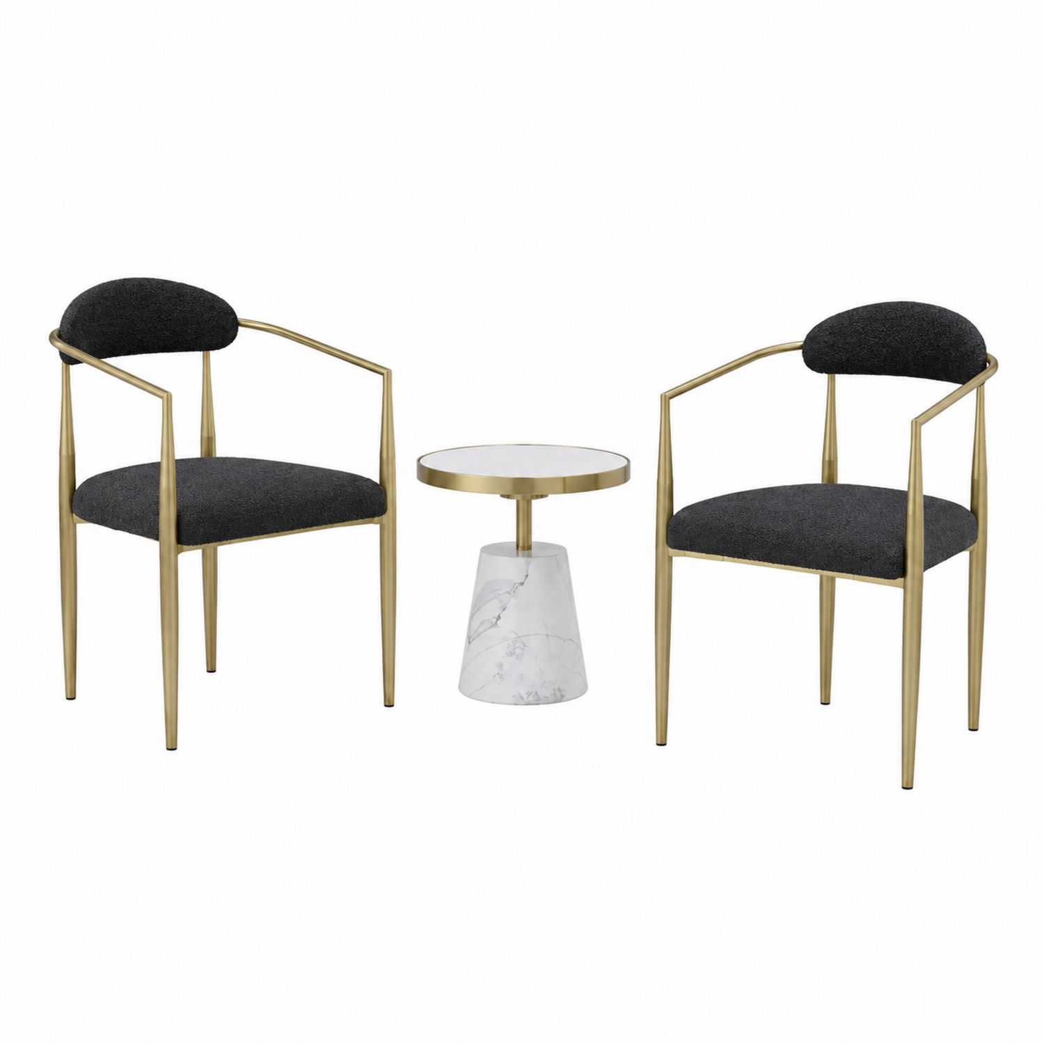 Set di 2 sedie tessuto antracite con struttura in metallo dorato e tavolino base marmo-Valexoriano