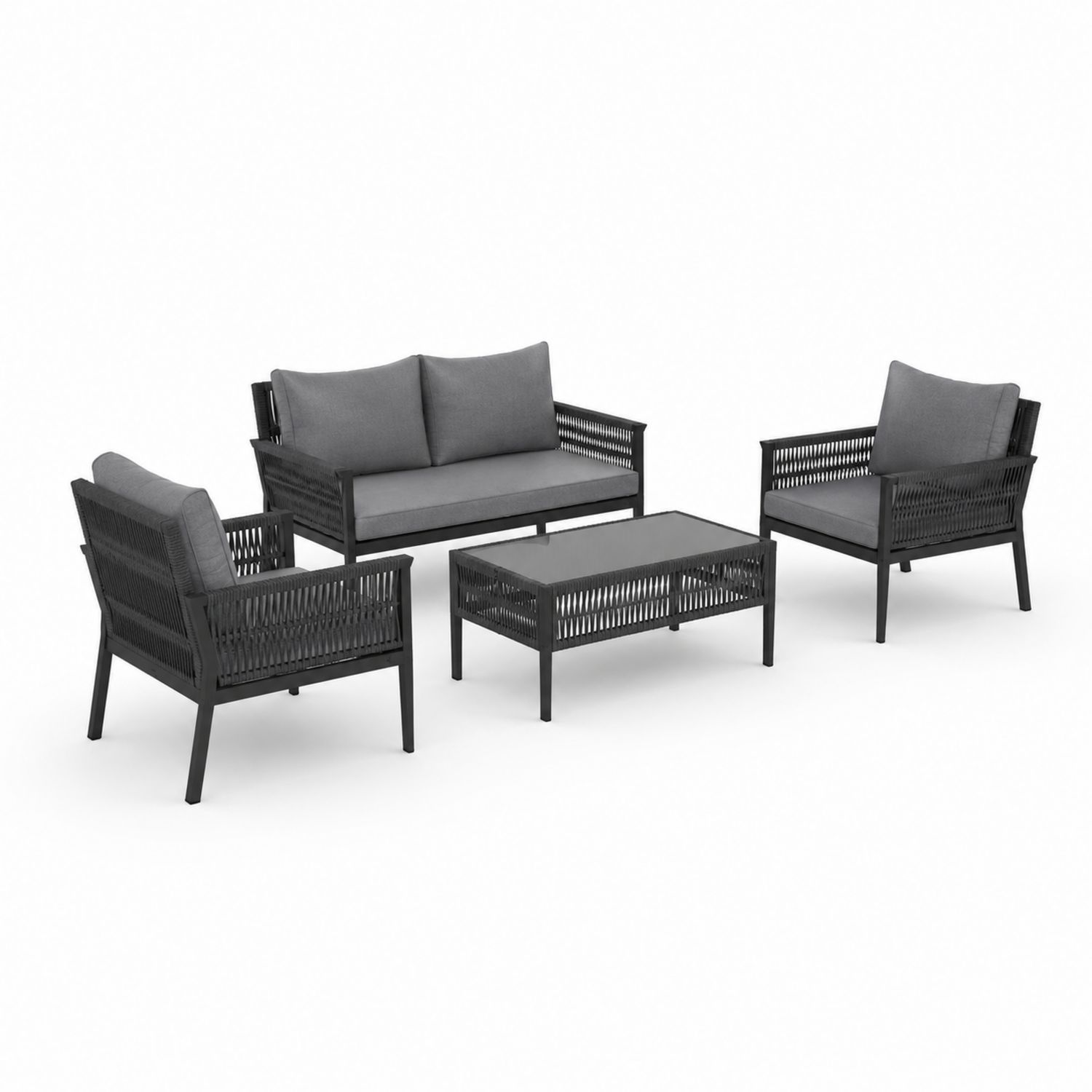 Set divani da esterno in alluminio e corda grigio-Valexoriano