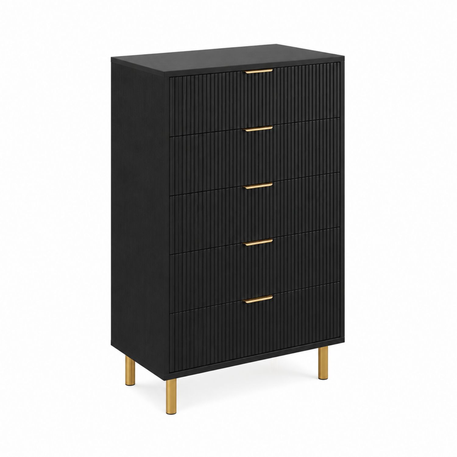 Cassettiera alta 5 cassetti in legno e metallo nero e oro-Valexoriano