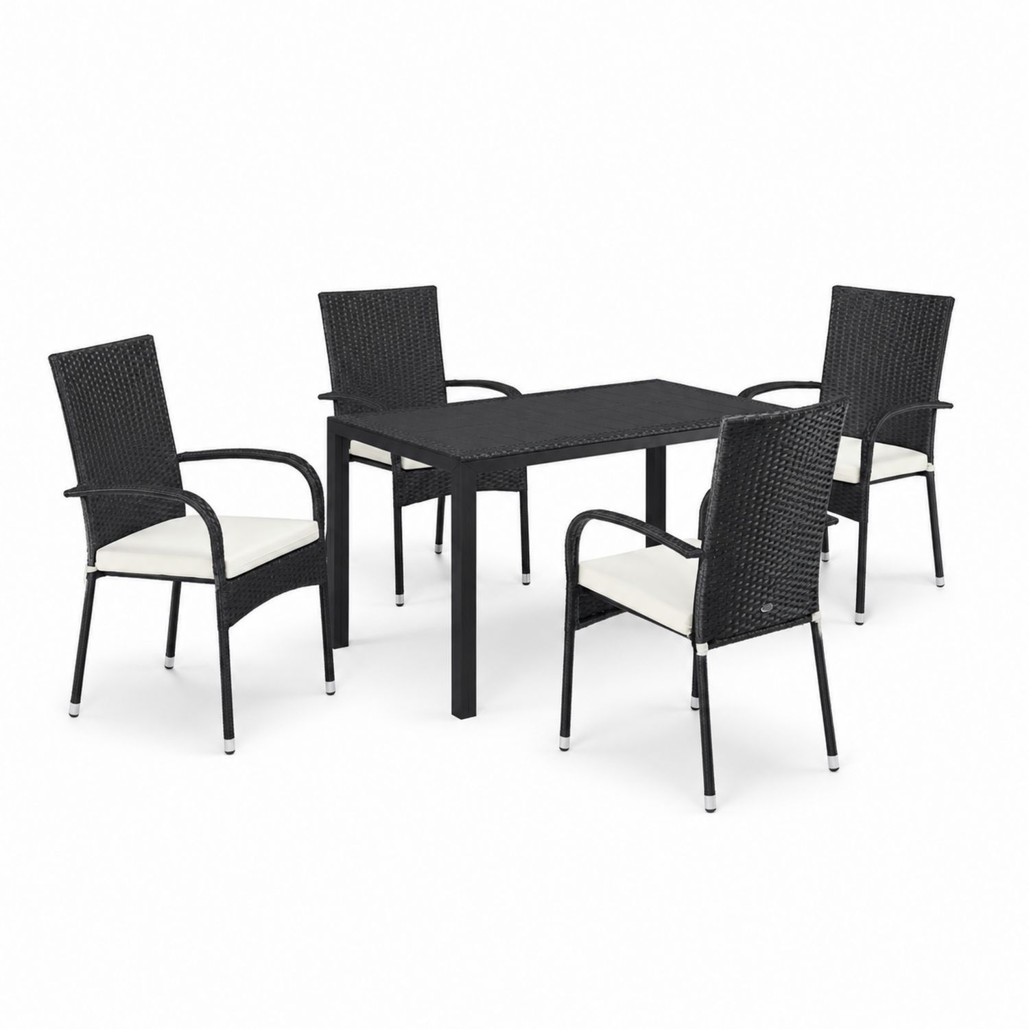 Set da Esterno Tavolo e 4 Sedie in Rattan Sintetico Nero con Cuscini Bianchi-Valexoriano