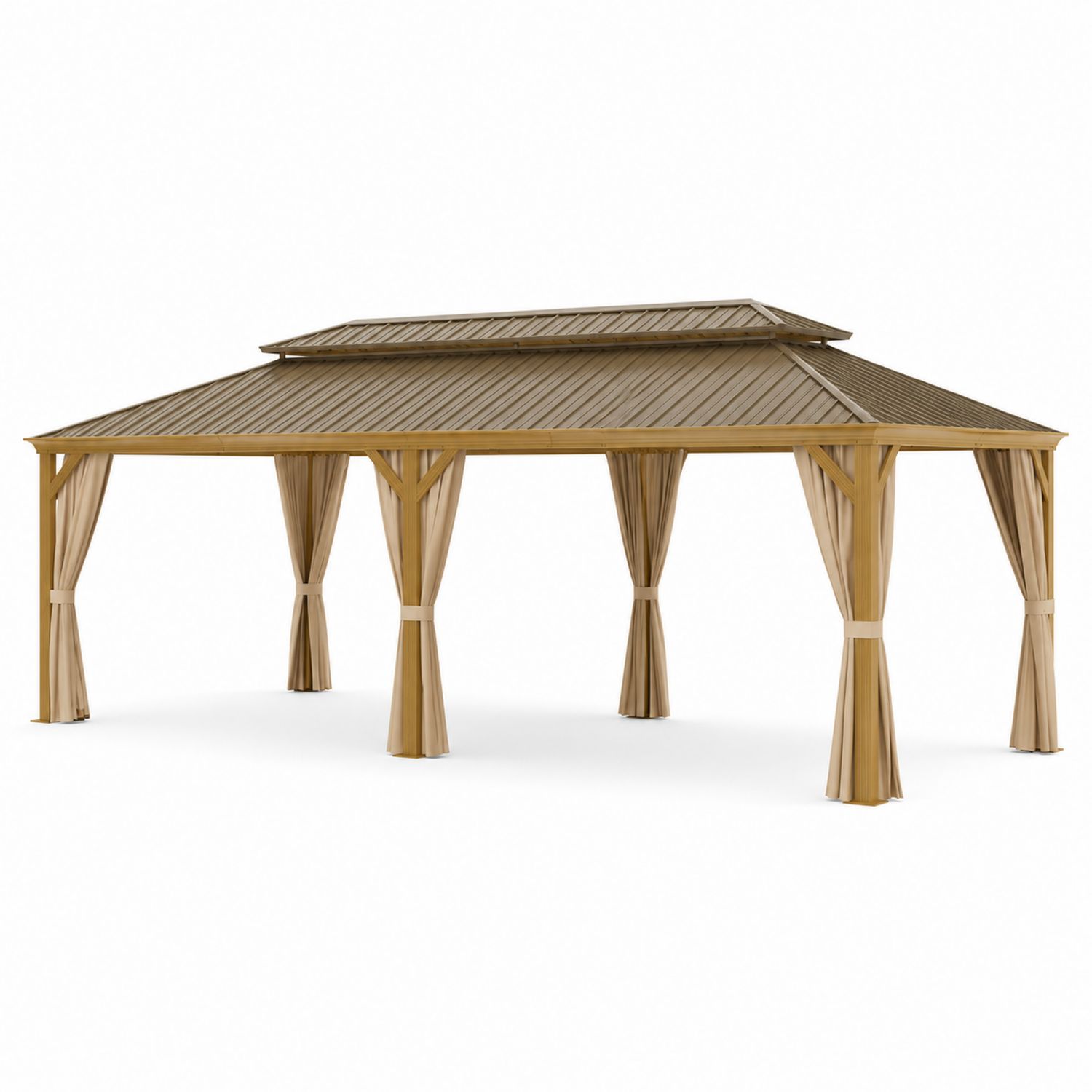 Gazebo rettangolare in alluminio con tetto in policarbonato e tende color sabbia 500x400 cm-Valexoriano