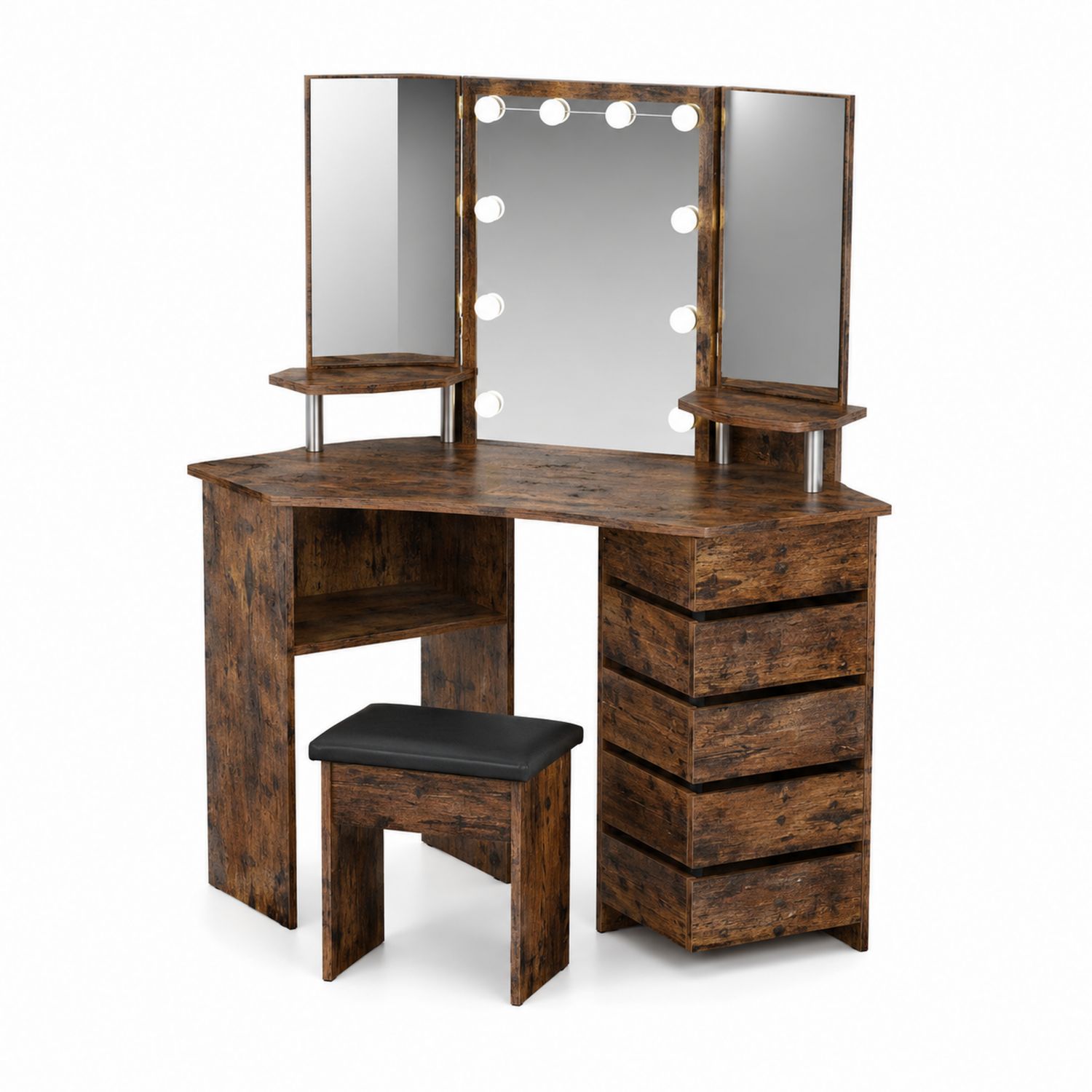 Tavolo da Trucco Angolare in Legno con Specchi e Luci LED, Marrone-Valexoriano