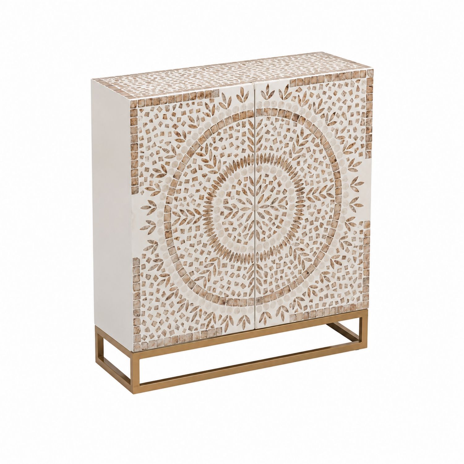 Credenza con Intarsio in Osso e Base in Metallo 90x35x110 cm Bianco-Valexoriano