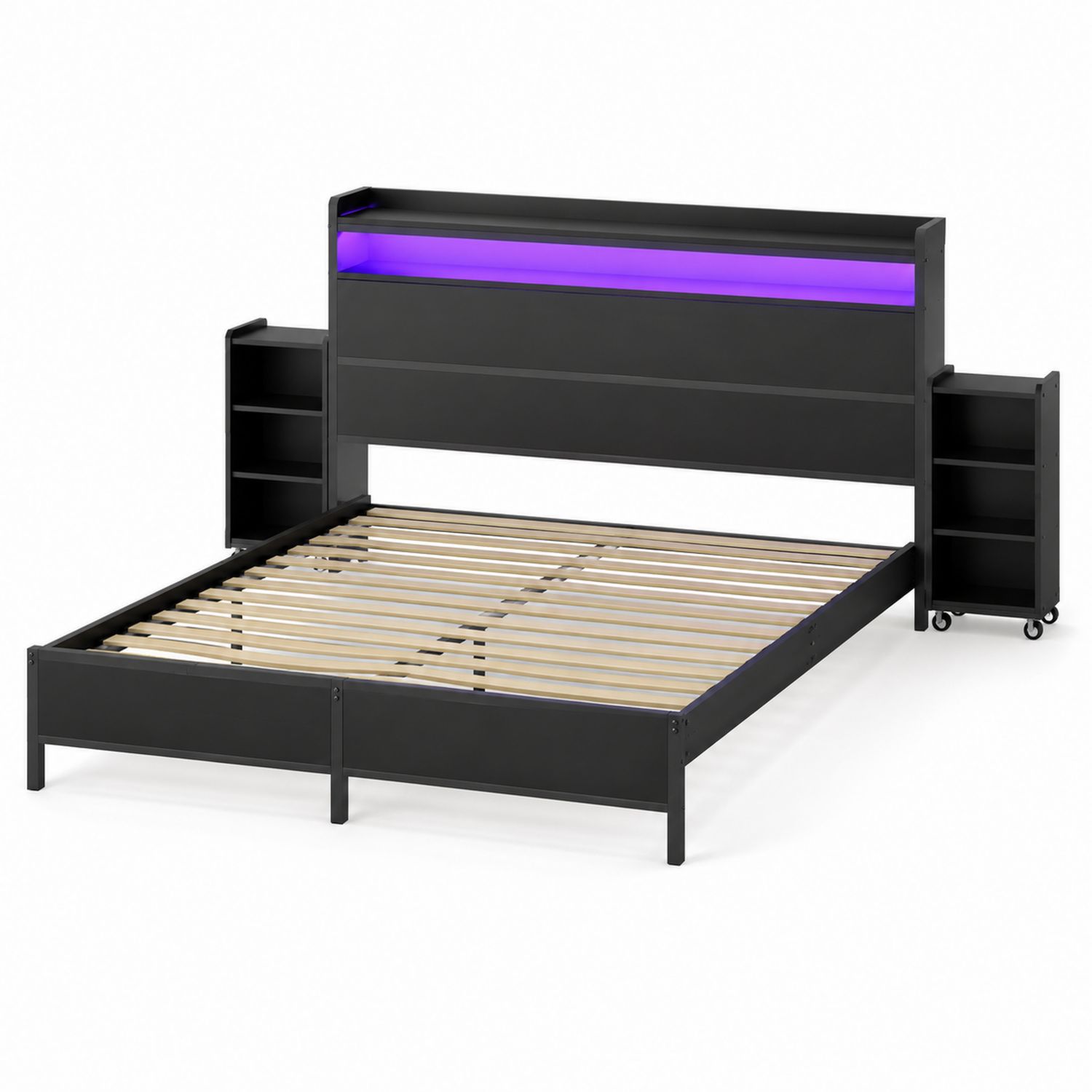 Letto matrimoniale con testiera LED, struttura in metallo e legno, 200x160 cm, Nero-Valexoriano