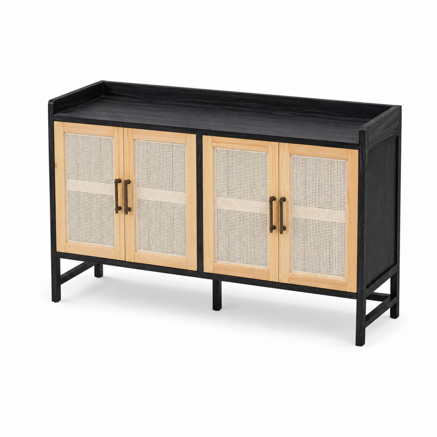 Credenza 4 ante in legno massello e rattan 150x80x40 cm-Valexoriano