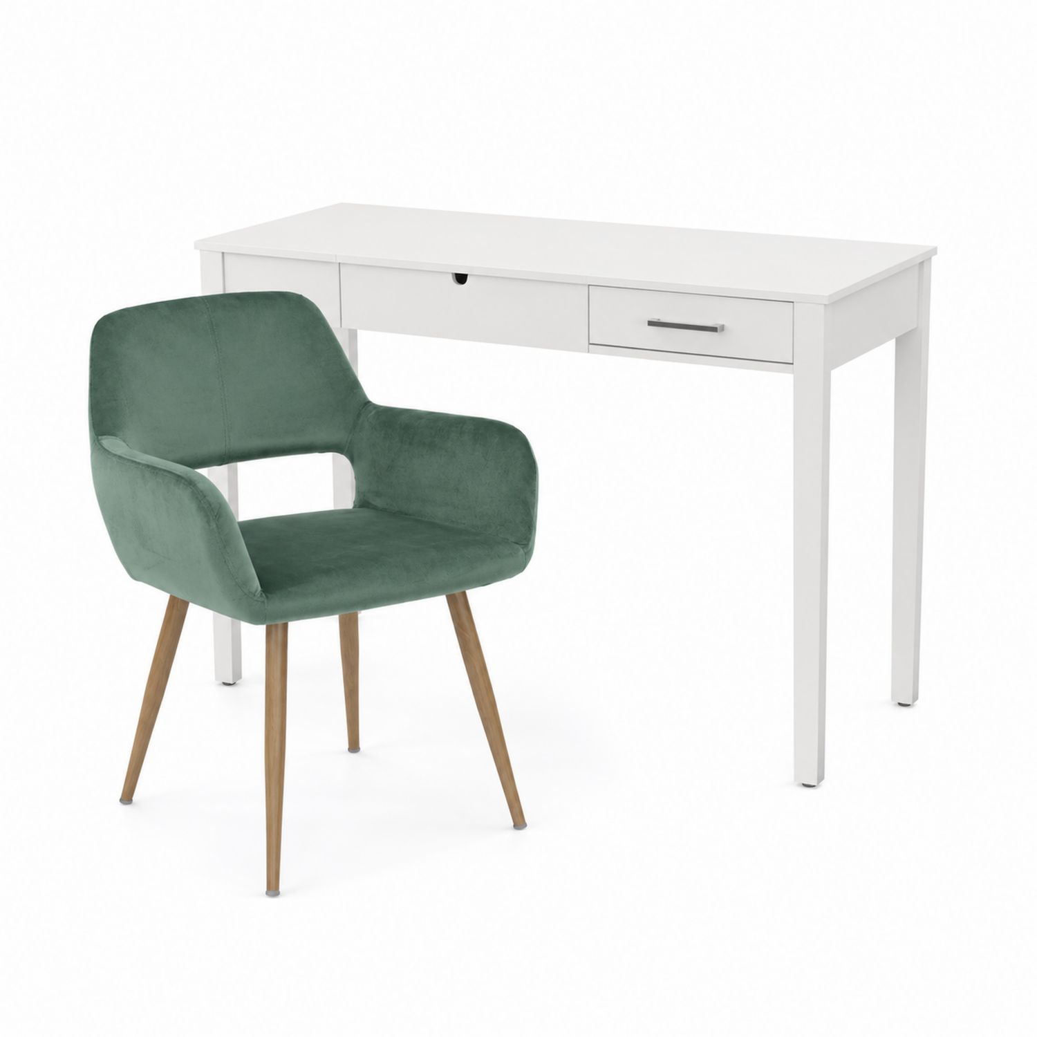Set scrivania in MDF bianco e sedia in velluto verde-Valexoriano