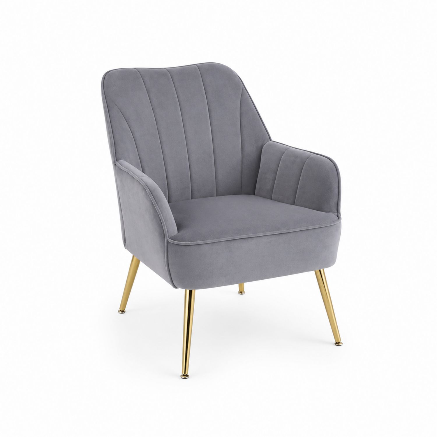 Poltrona in Velluto Grigio con Gambe Metalliche Oro-Valexoriano