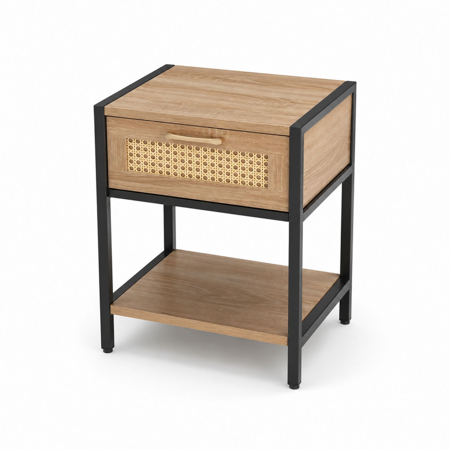 Comodino in Legno con Vimini e Struttura in Metallo Nero-Valexoriano