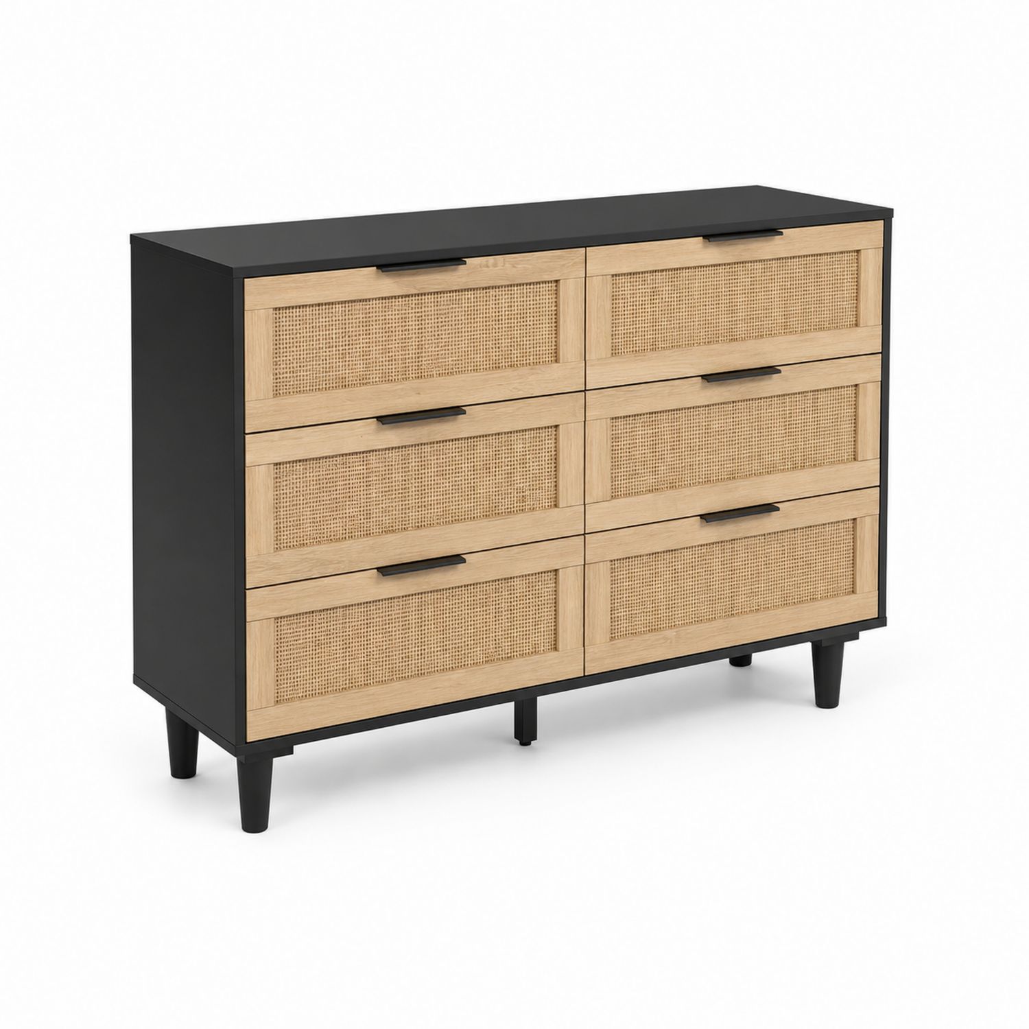 Cassettiera a 6 cassetti in MDF e rattan nero-Valexoriano