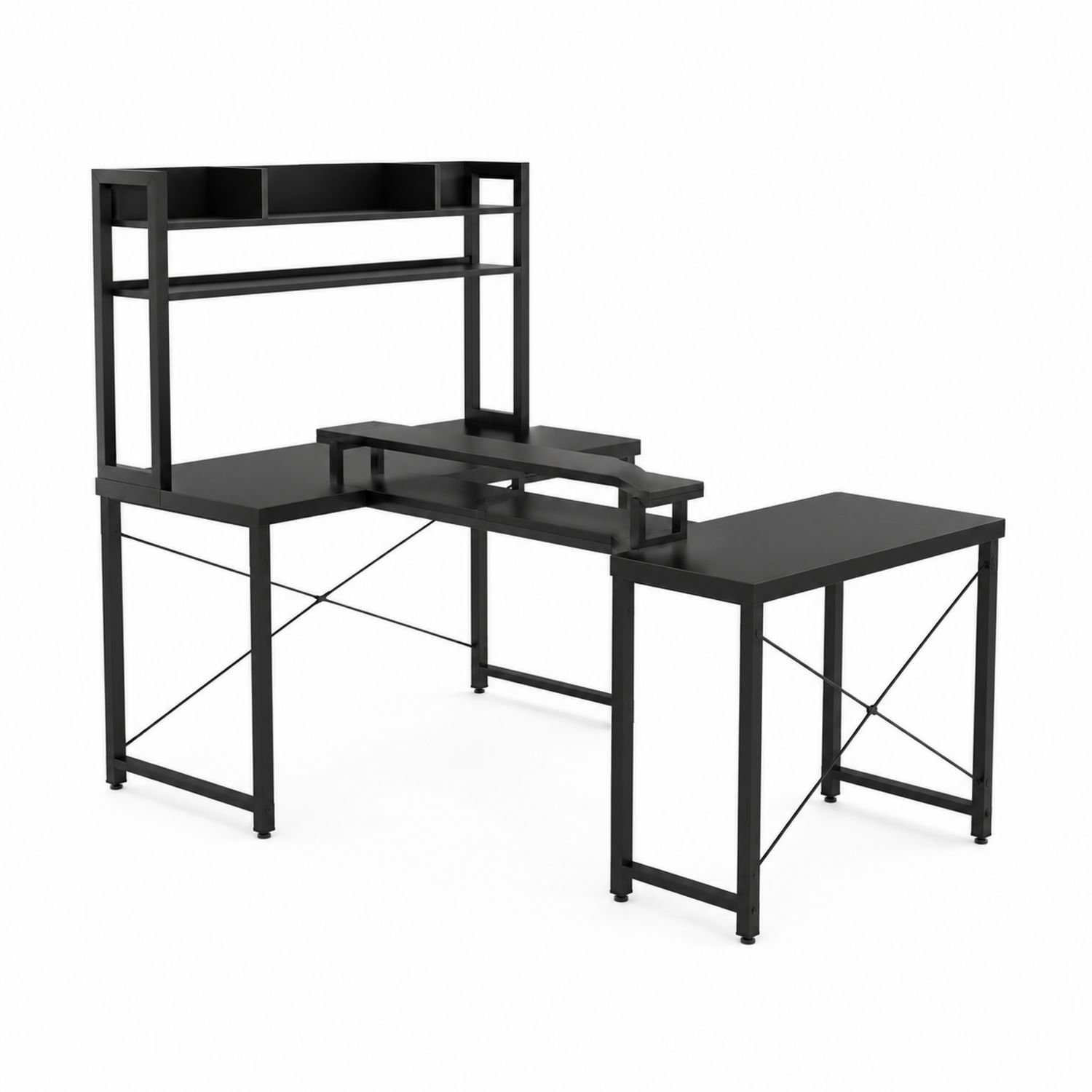Scrivania angolare in metallo e MDF nero con scaffale-Valexoriano