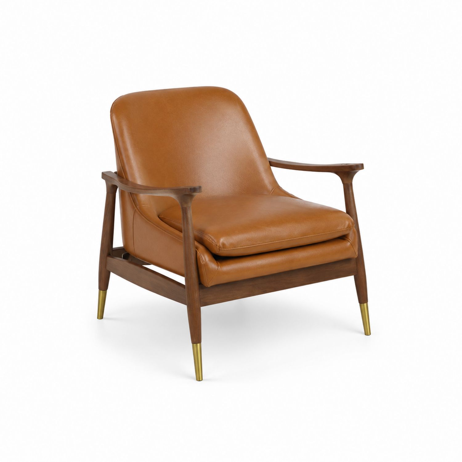 Poltrona in Pelle PU e Legno con Dettagli in Ottone Marrone