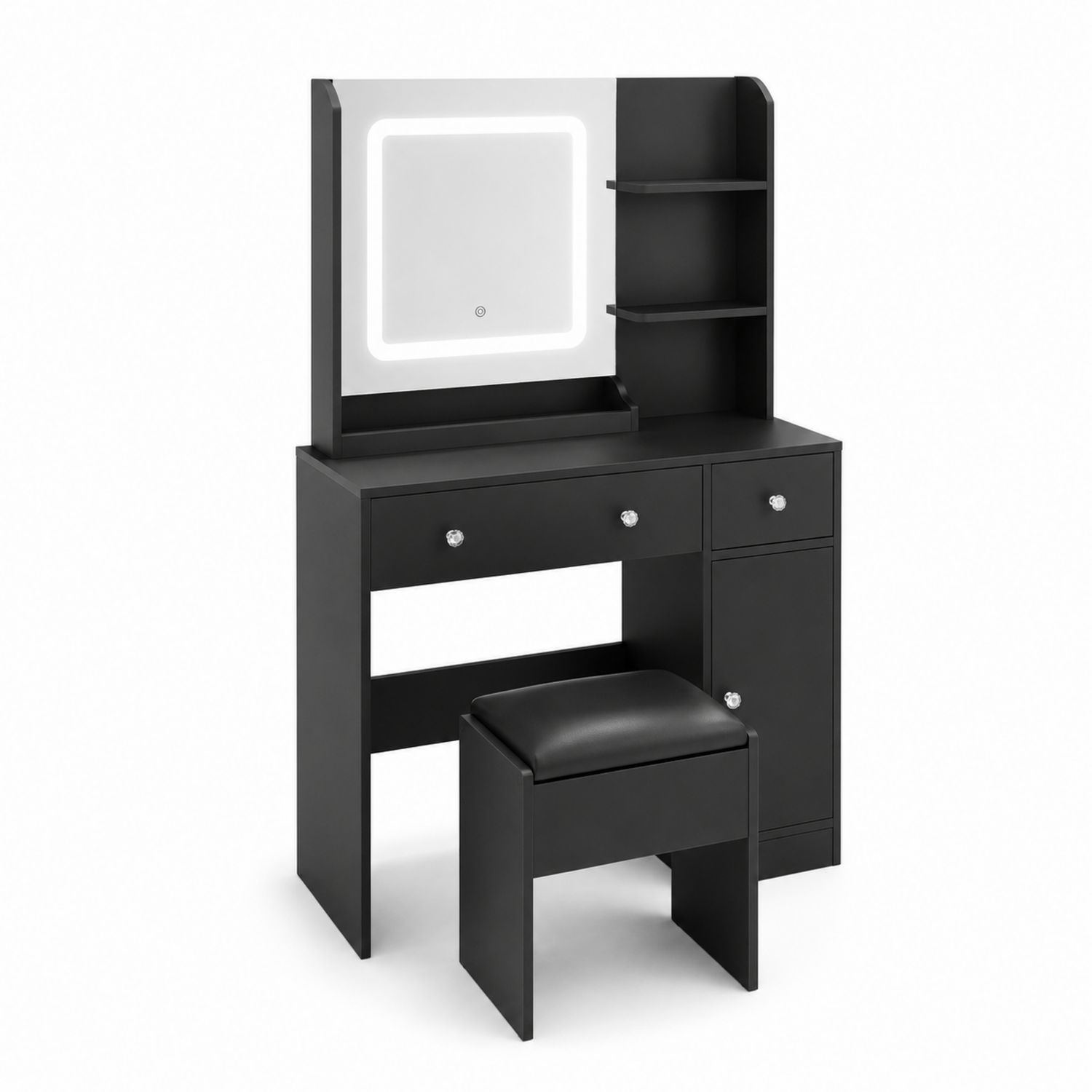 Tavolo da toeletta con specchio LED e sgabello in legno nero