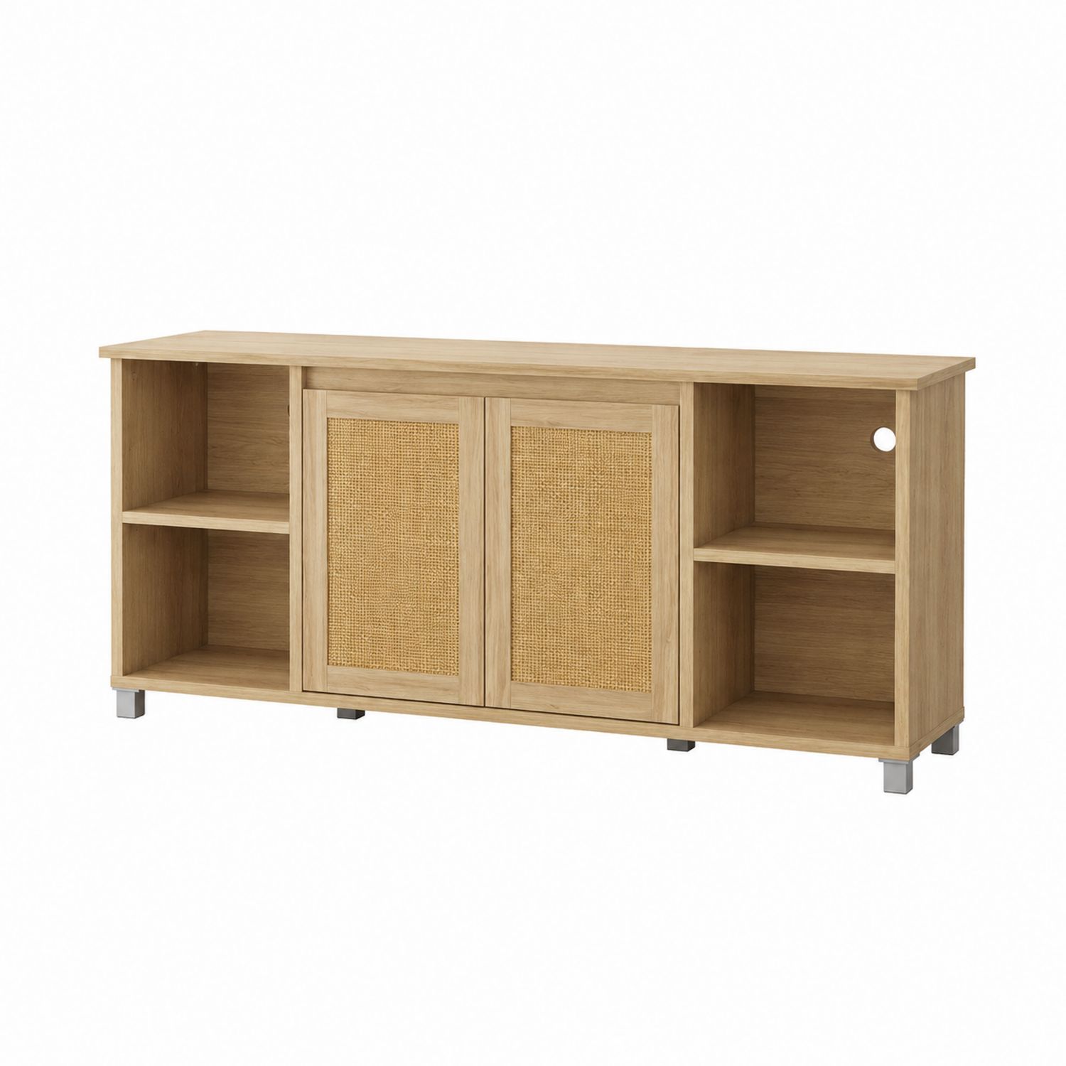 Mobile TV in legno con ante in rattan e ripiani 140x40x60 cm