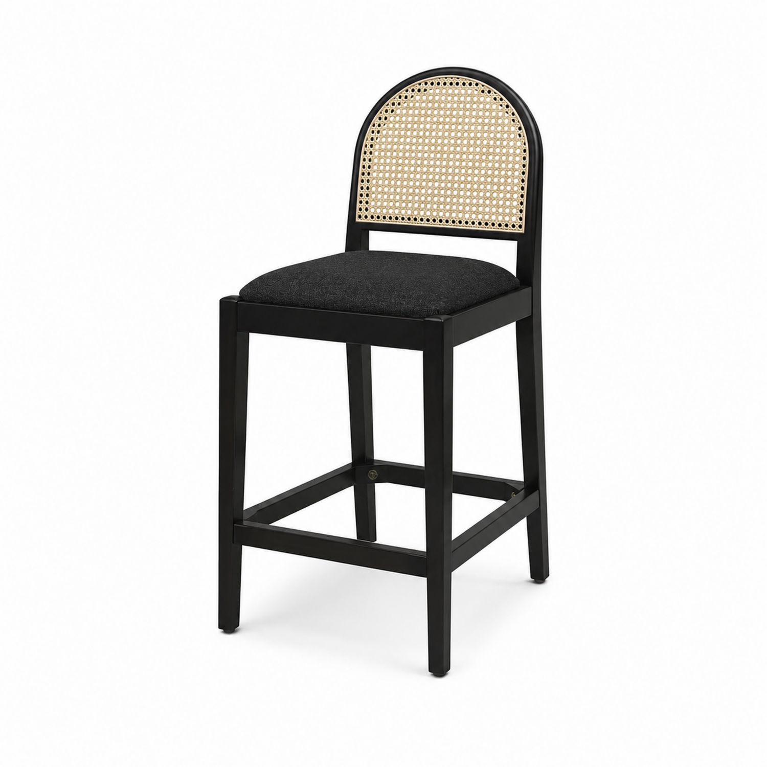 Sgabello Alto in Legno con Schienale in Rattan e Seduta in Tessuto Nero