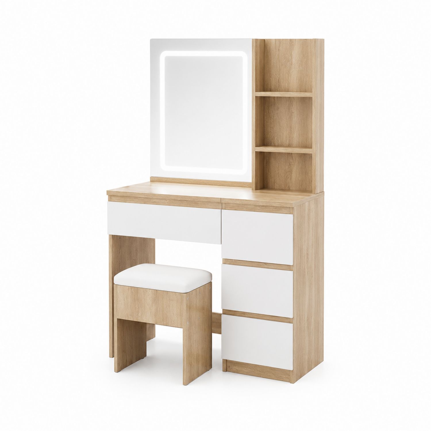 Tavolo da Toeletta in Legno e MDF con Specchio LED e Sgabello