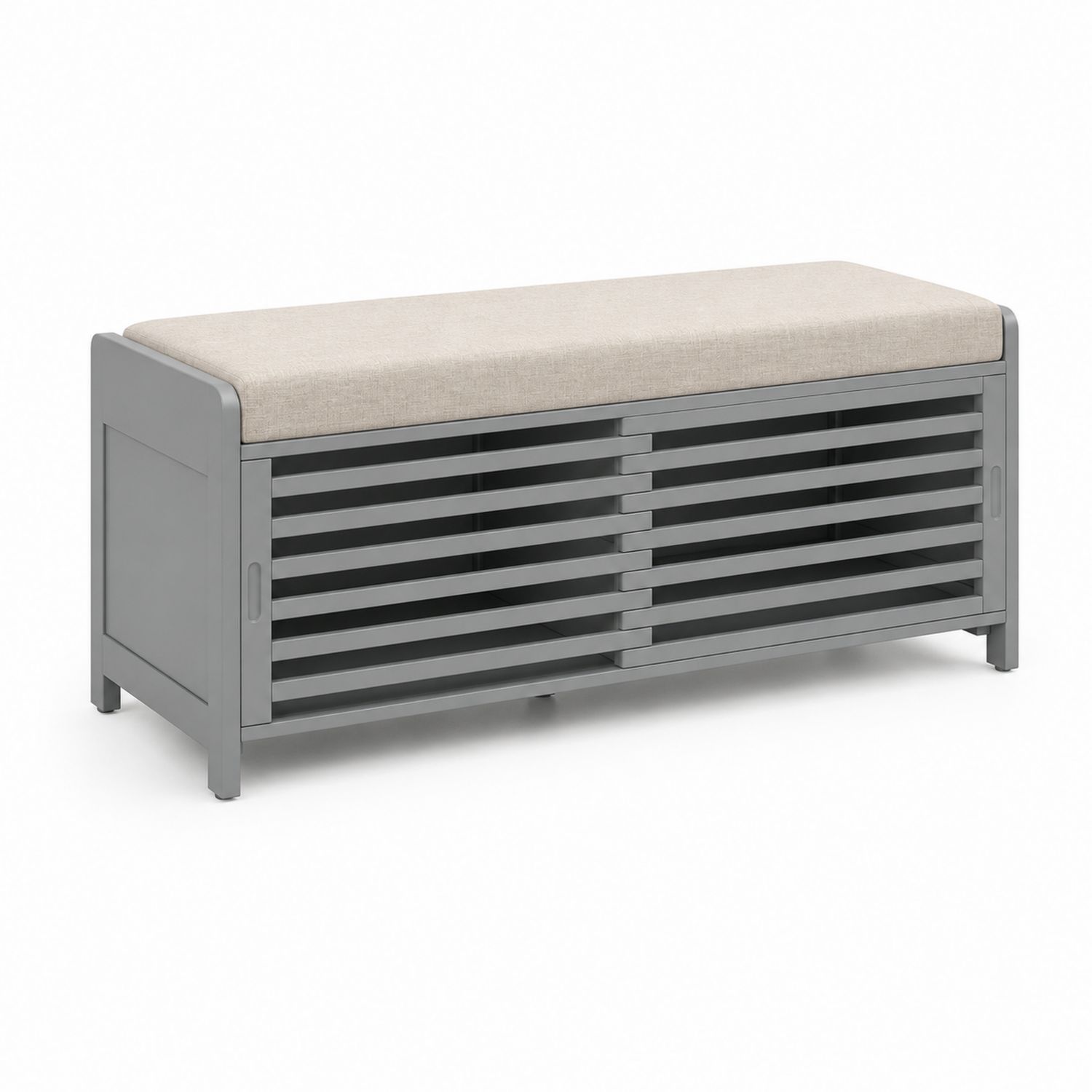 Panca contenitore rettangolare in legno grigio con cuscino in tessuto beige