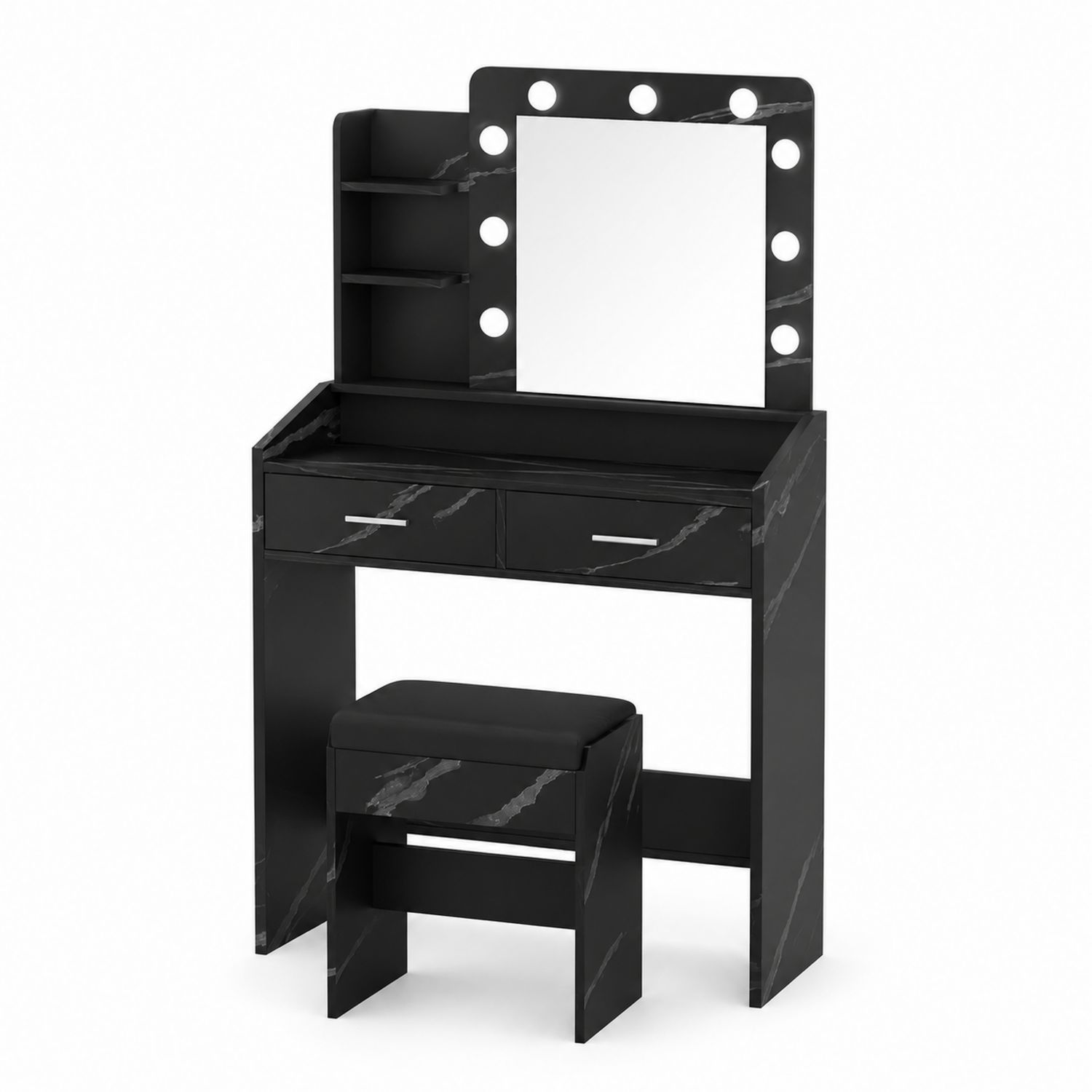 Toeletta con Specchio e Sgabello in MDF Nero, LED, 75x40x140 cm