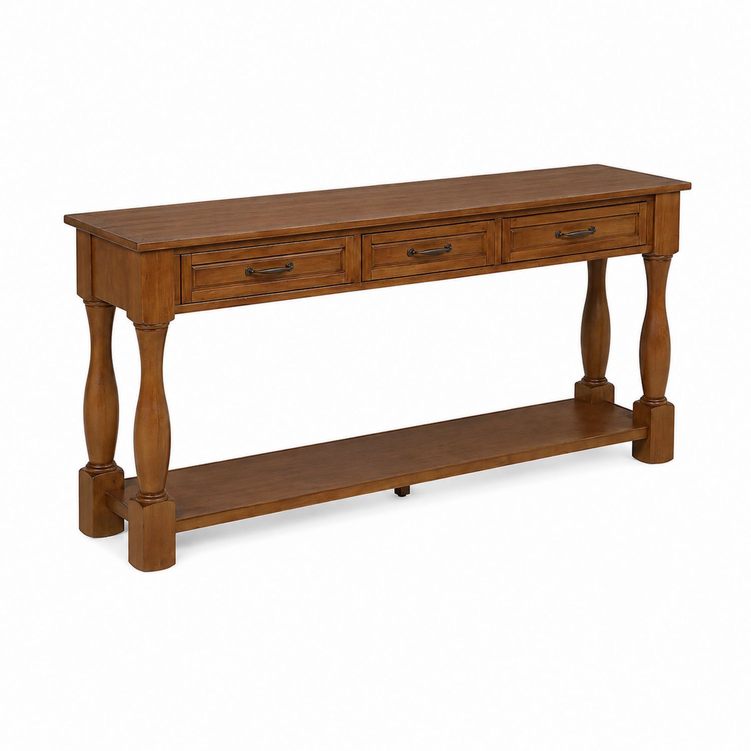 Consolle in legno massello con tre cassetti e mensola, 120x35x75 cm, Marrone