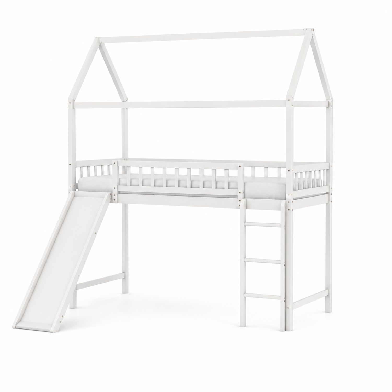 Letto a soppalco per bambini con scivolo e struttura a casetta in legno bianco
