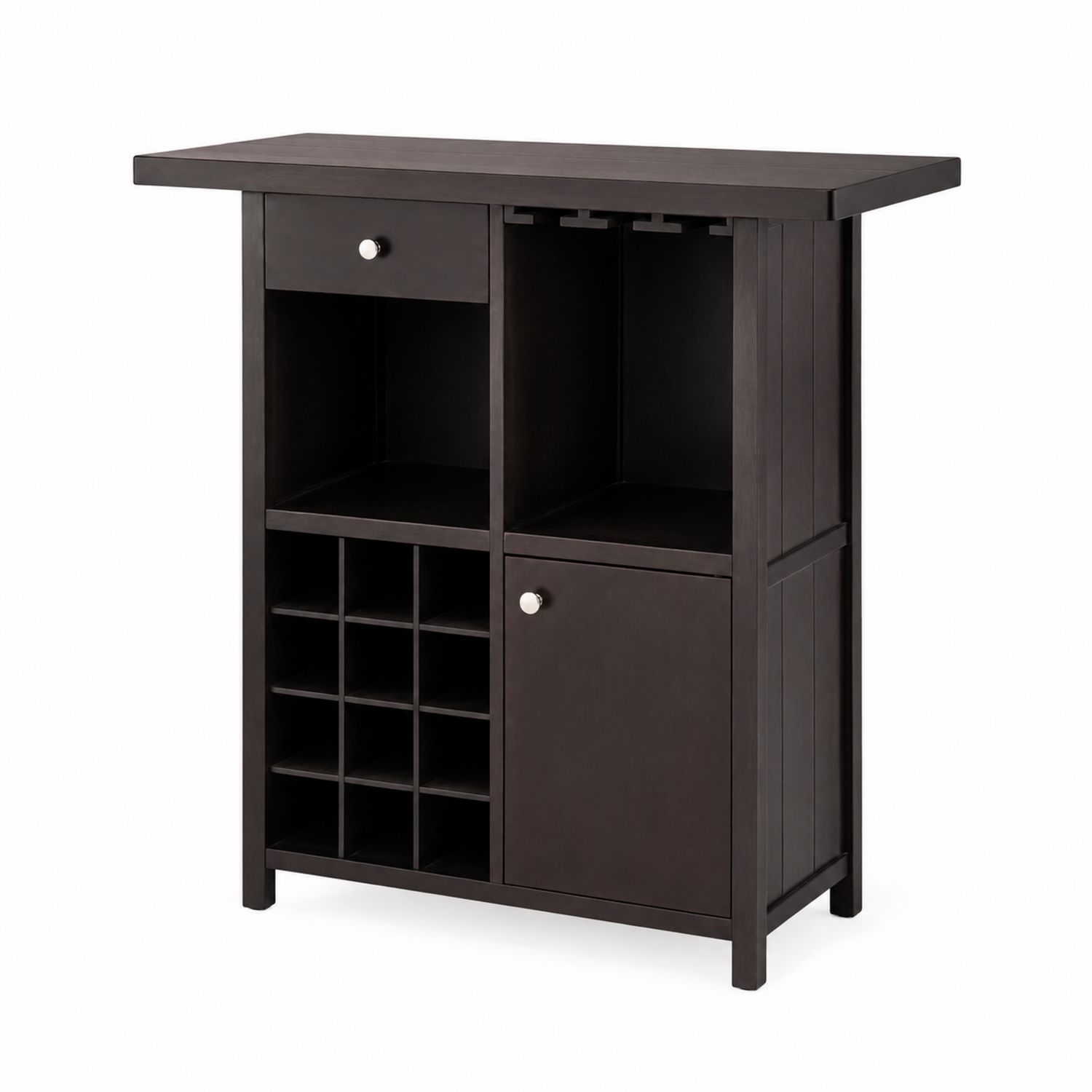 Credenza per vino in legno con porta bicchieri e ripiani nera