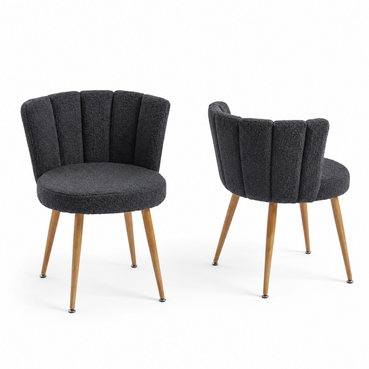 Set di Sedie in Tessuto Bouclé Grigio Scuro con Gambe in Legno di Faggio