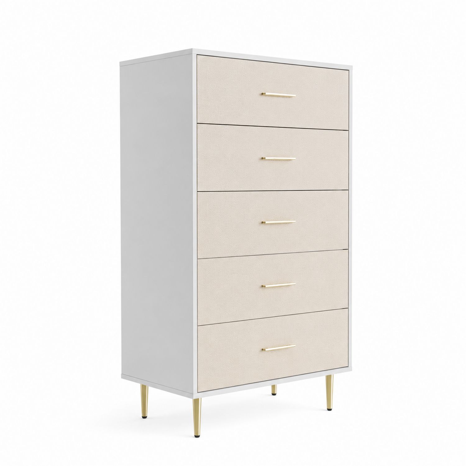 Cassettiera in legno con 5 cassetti effetto tessuto e metallo dorato
