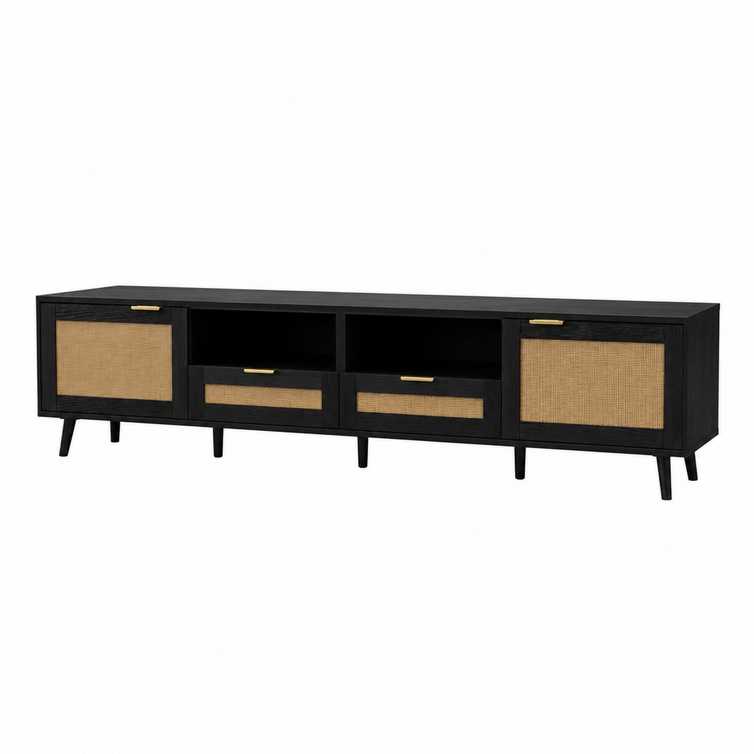 Mobile TV rettangolare in legno e rattan, 200x40x50 cm, Nero/Naturale