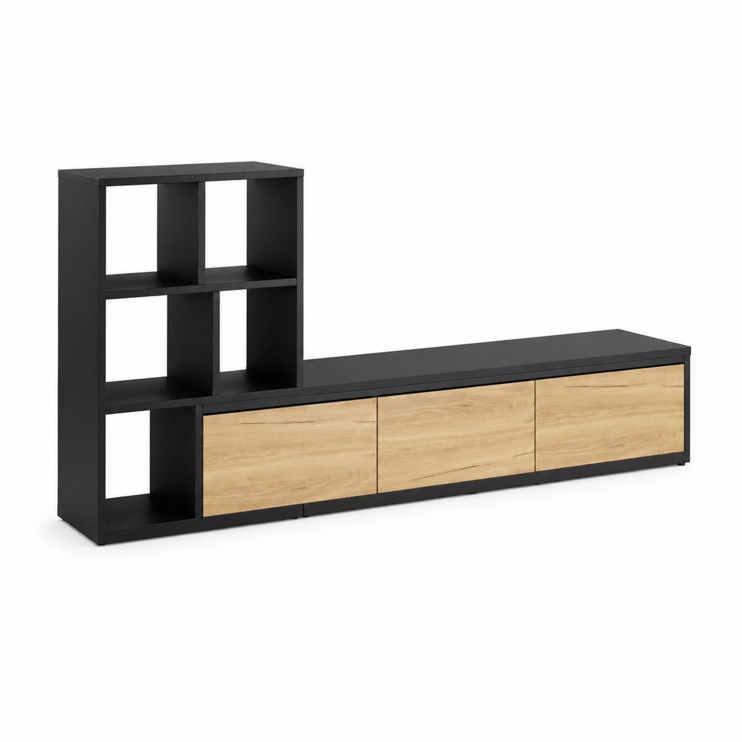 Mobile TV in metallo nero e MDF con scaffale