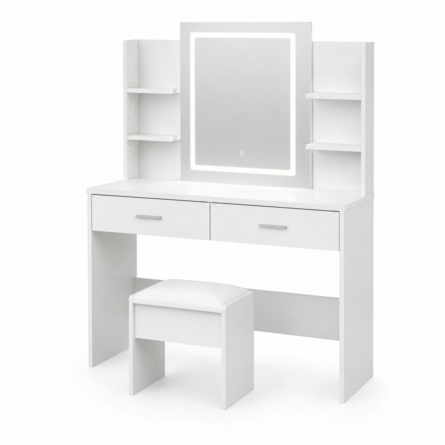Toeletta con Specchio LED e Sgabello in MDF Bianco