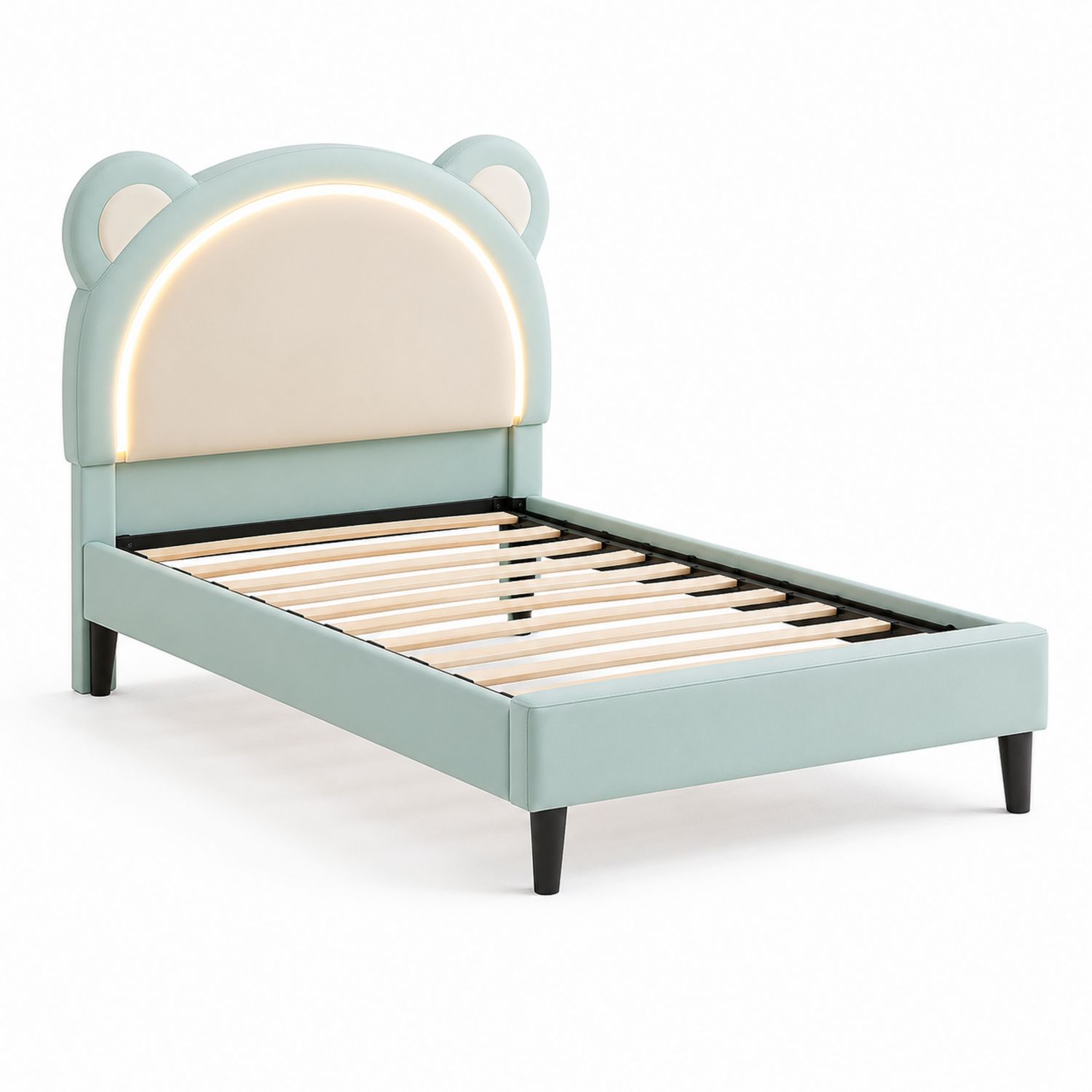 Letto Singolo per Bambini con Testiera Orso e LED, 200x90 cm, Metallo ed Ecopelle