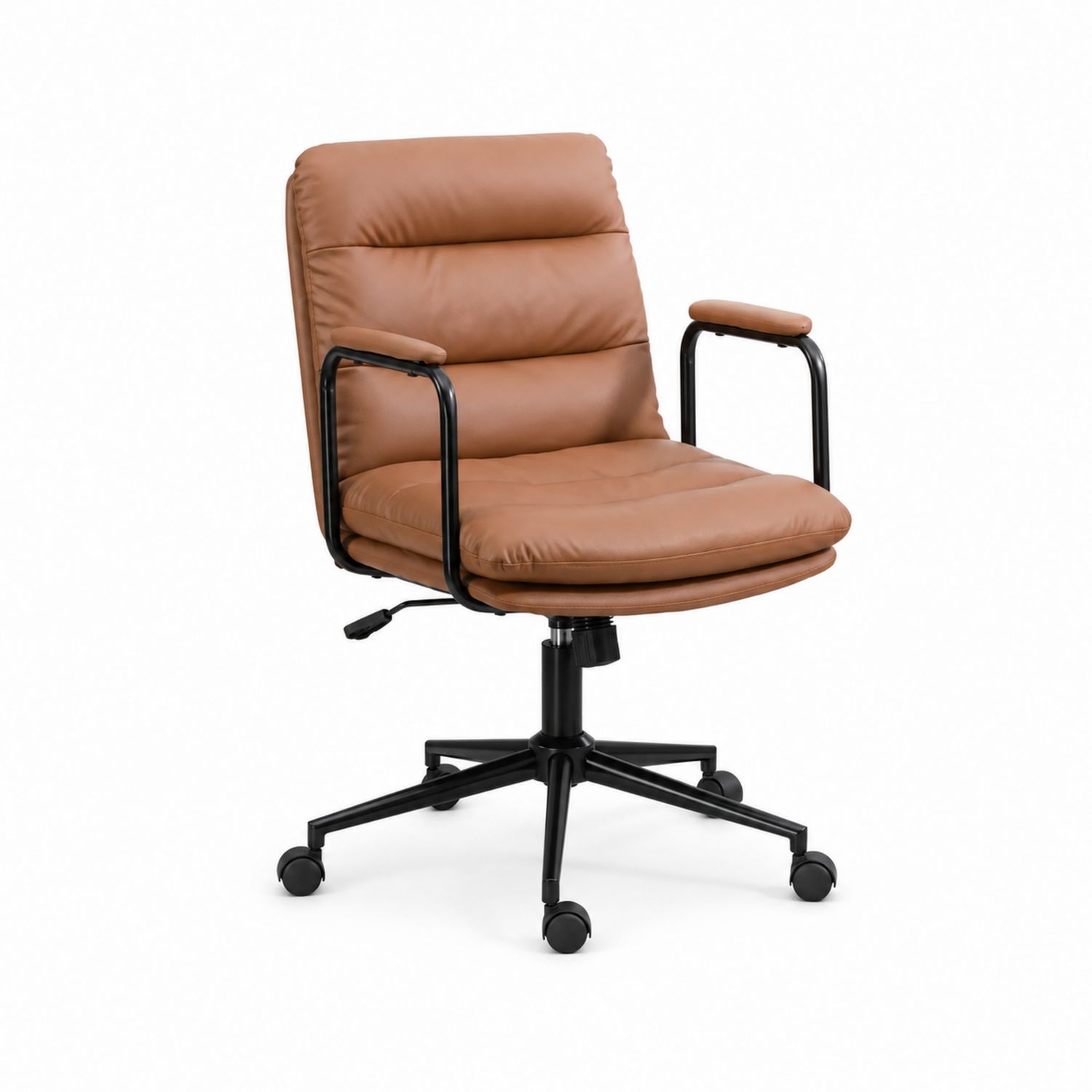 Sedia da ufficio in pelle sintetica marrone con base in acciaio