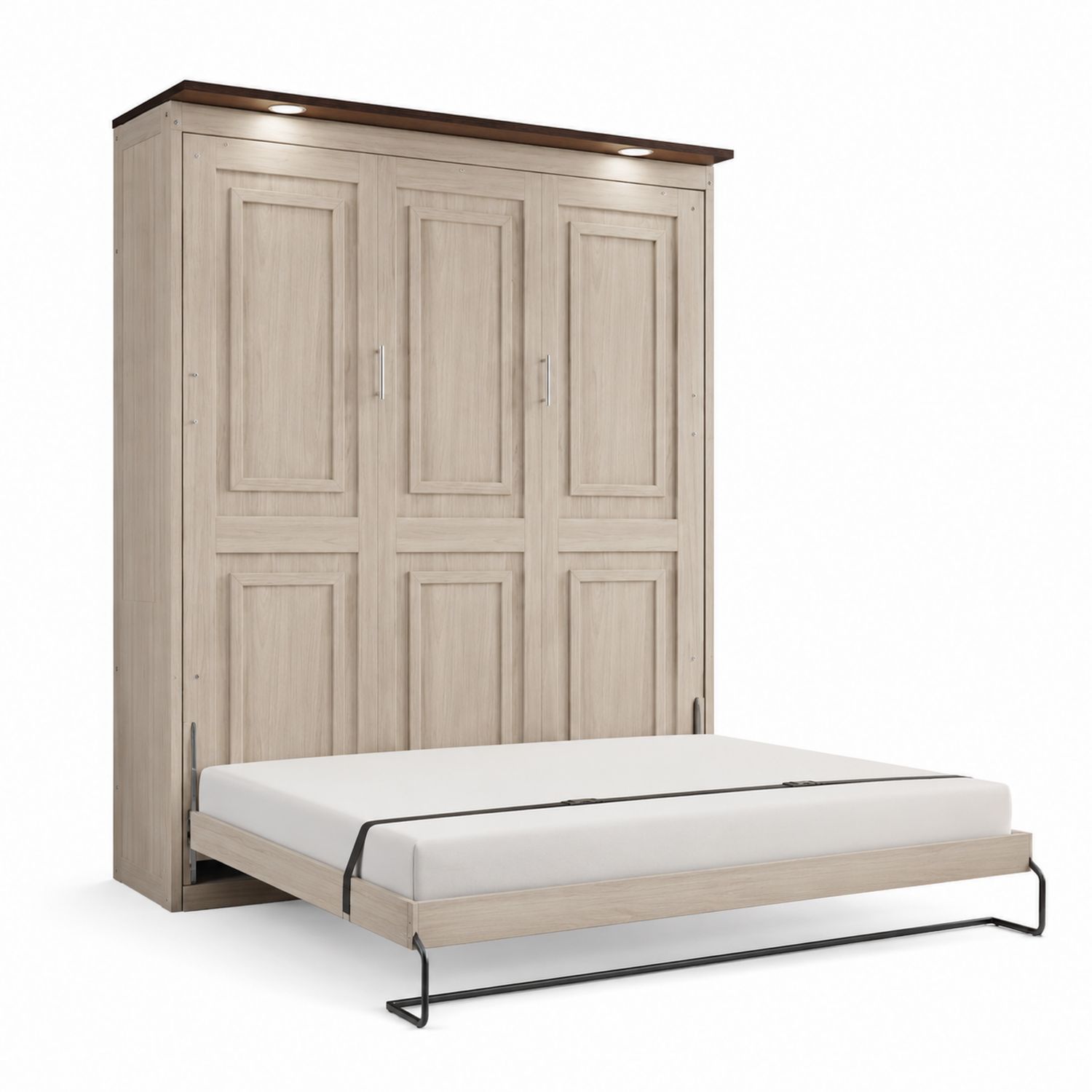 Letto a Scomparsa Matrimoniale in Legno Chiaro con Armadio e LED