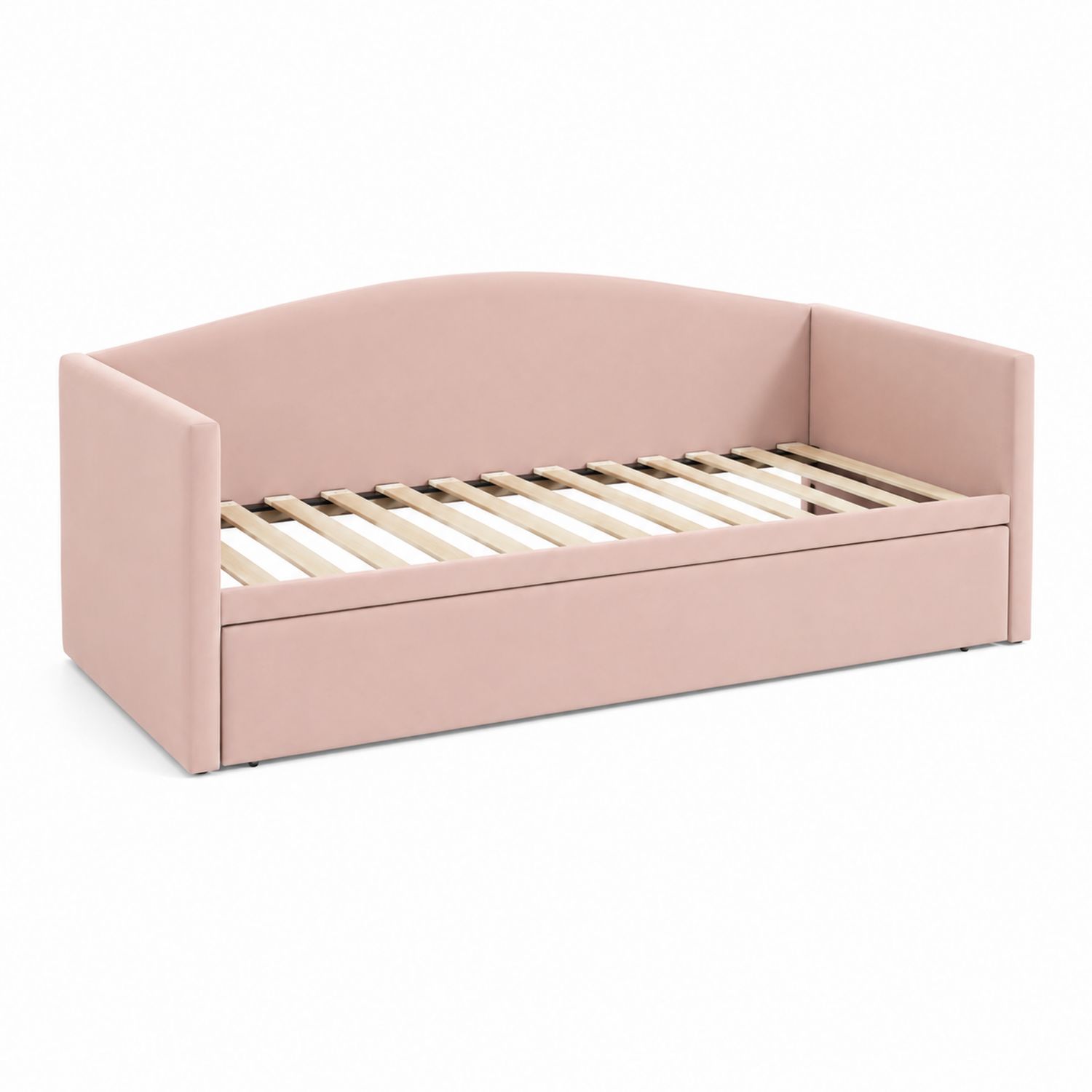 Letto singolo in tessuto rosa con contenitore